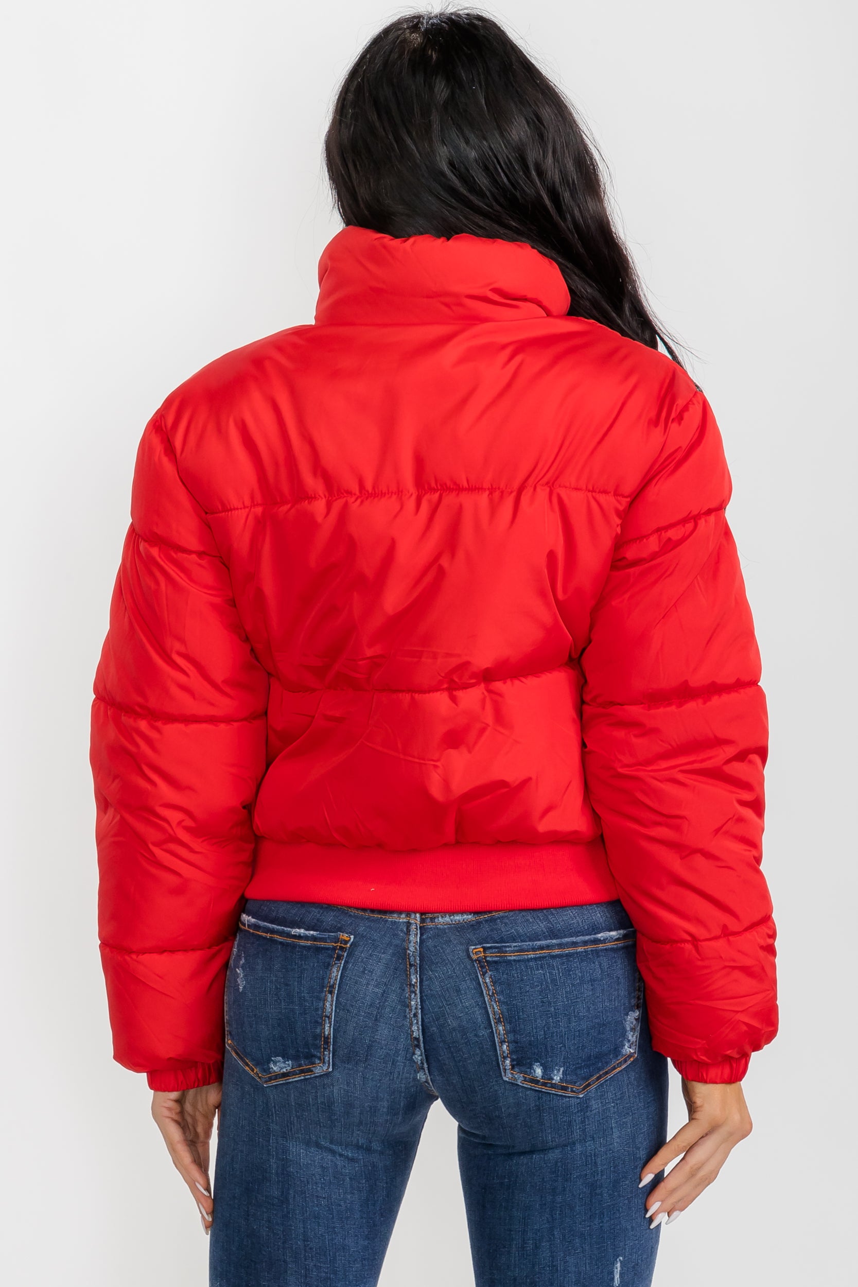 74777 - Crop Puffer Jacket - Zipper and Waistband with Pockets