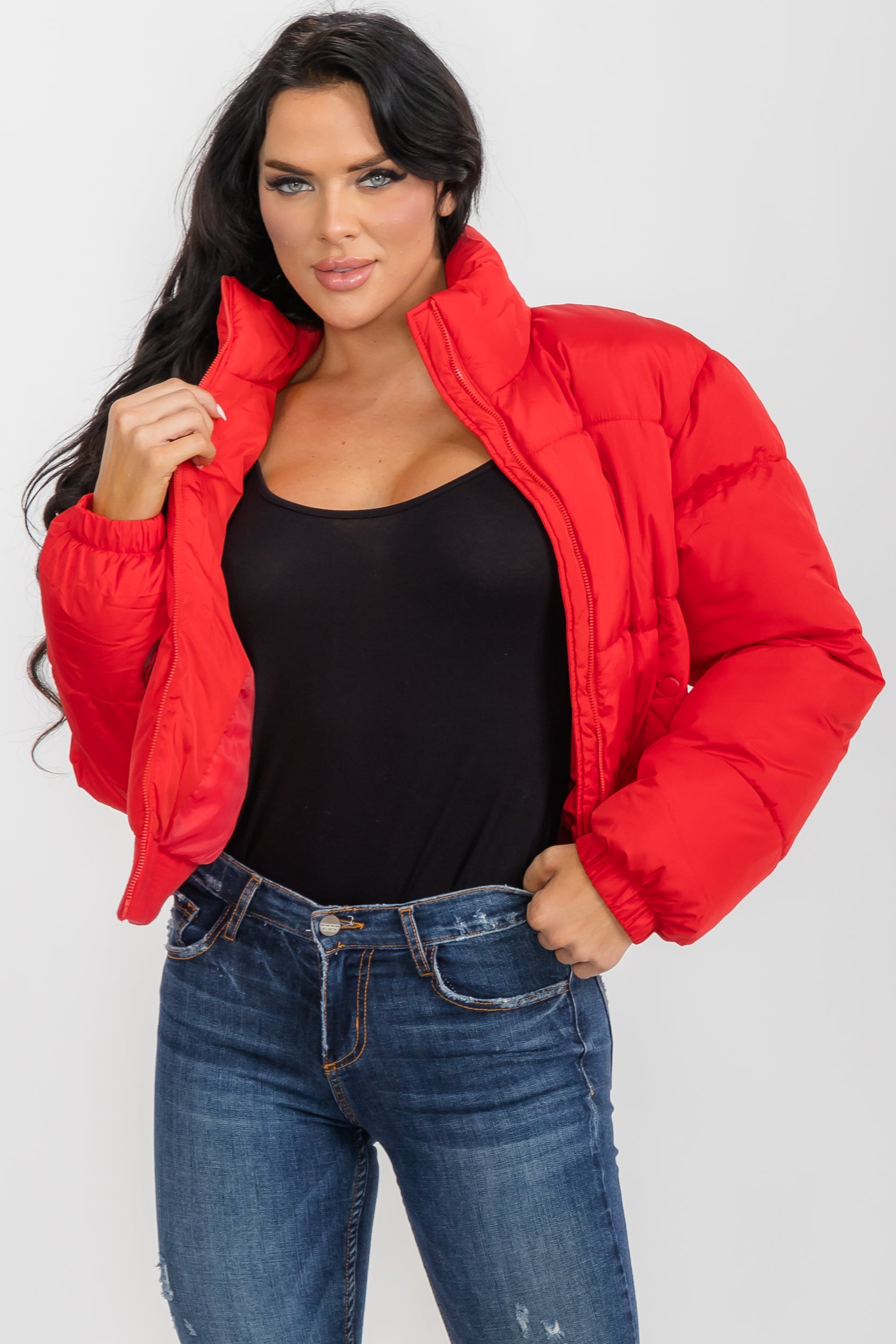 74777 - Crop Puffer Jacket - Zipper and Waistband with Pockets