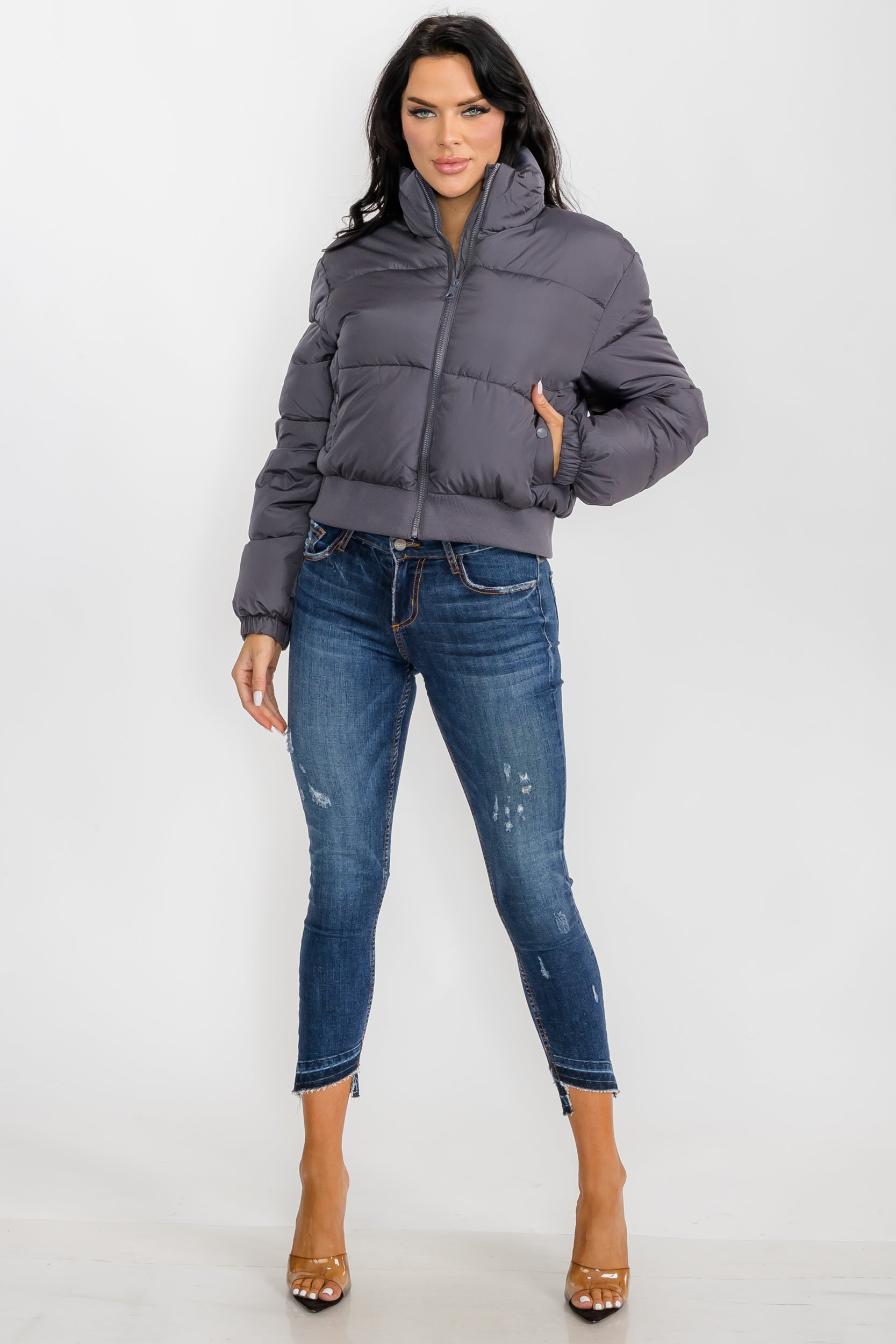 74777 - Crop Puffer Jacket - Zipper and Waistband with Pockets