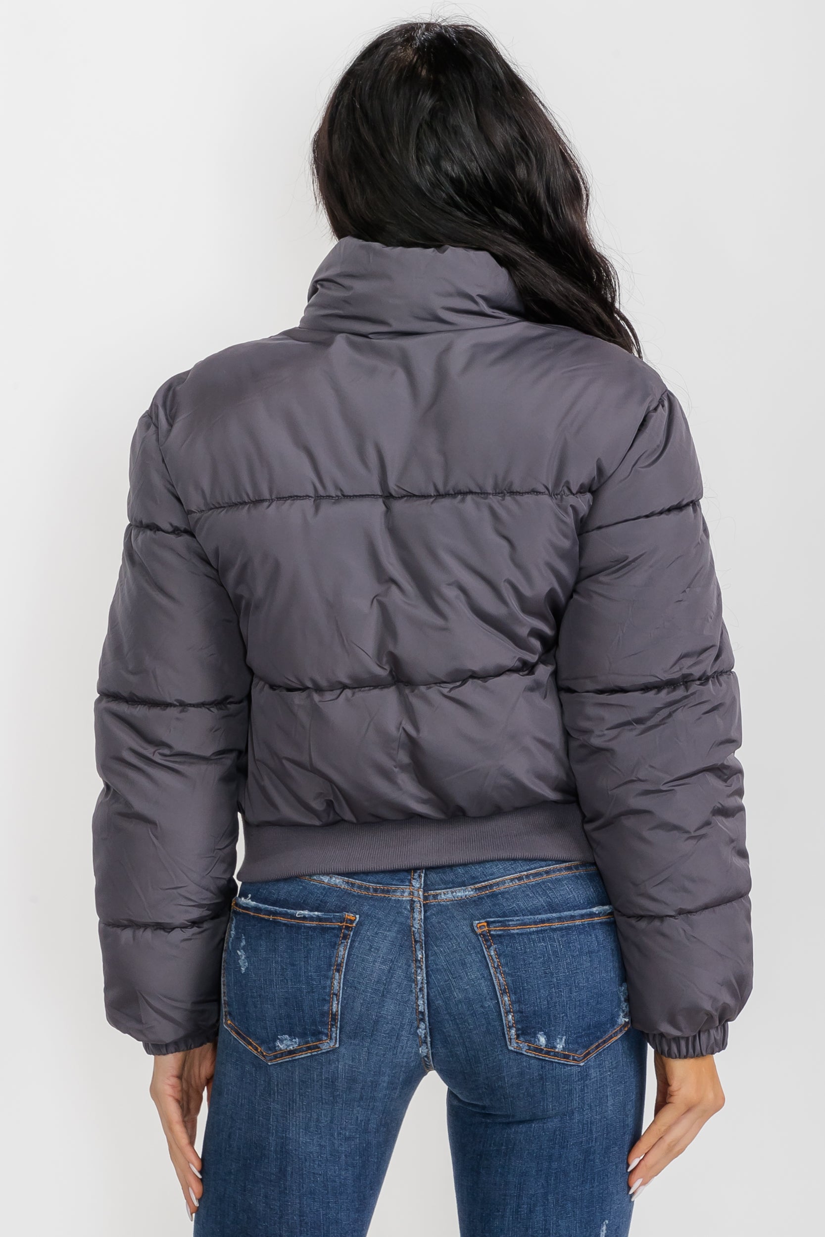 74777 - Crop Puffer Jacket - Zipper and Waistband with Pockets