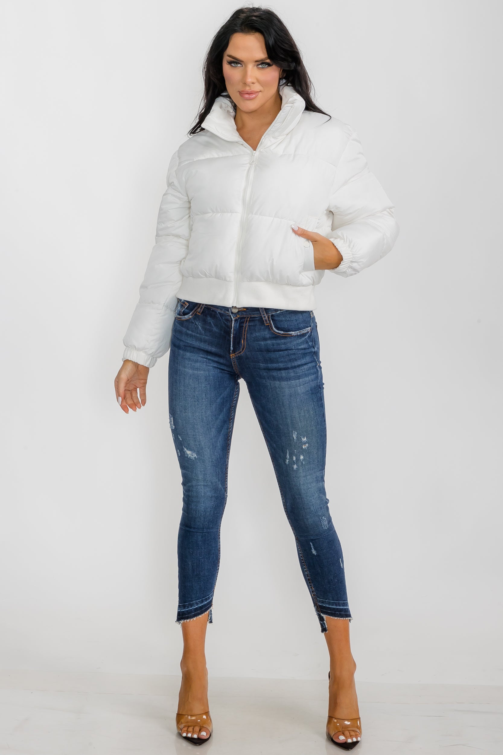 74777 - Crop Puffer Jacket - Zipper and Waistband with Pockets