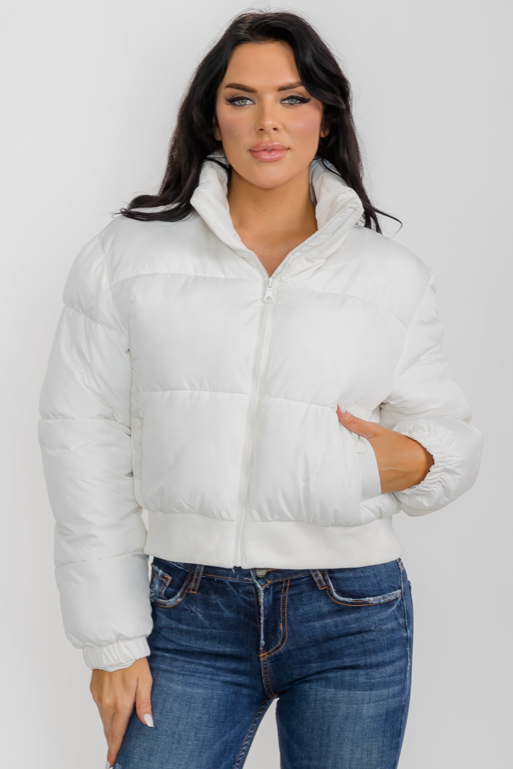 74777 - Crop Puffer Jacket - Zipper and Waistband with Pockets
