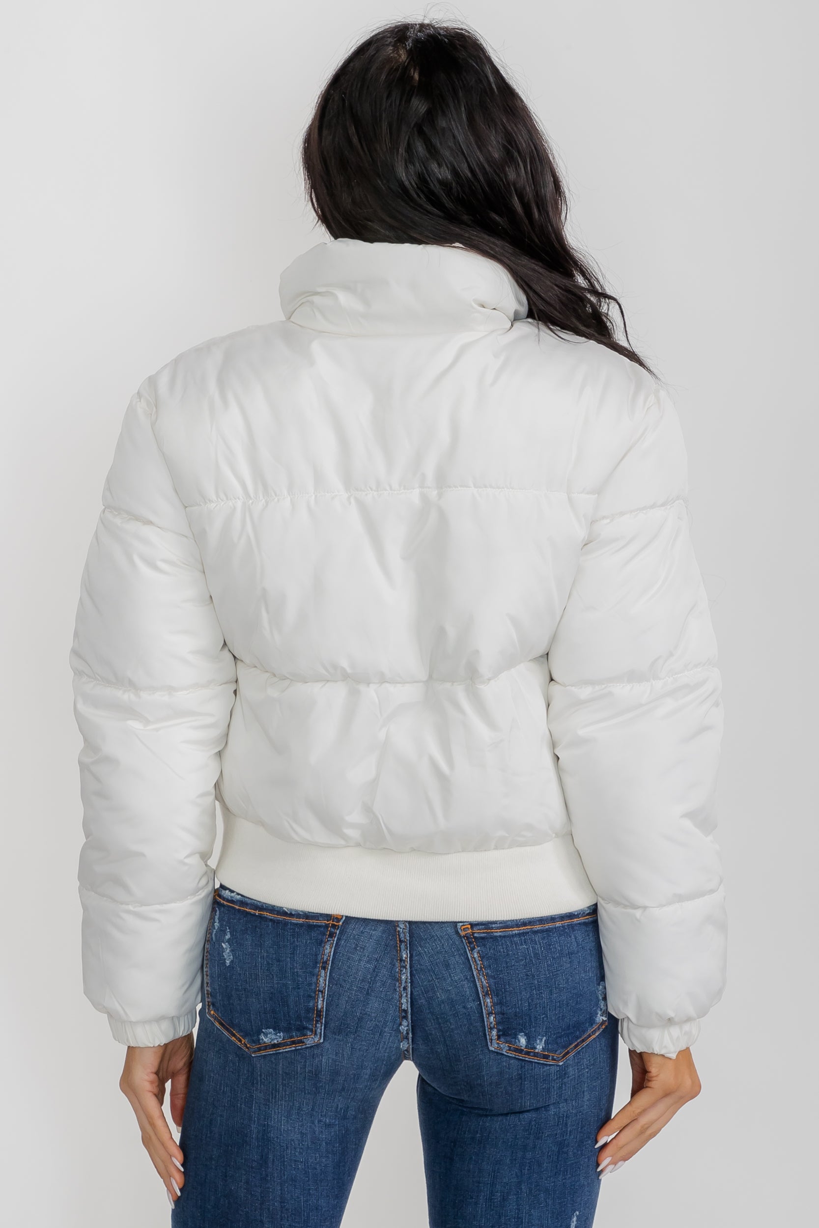 74777 - Crop Puffer Jacket - Zipper and Waistband with Pockets