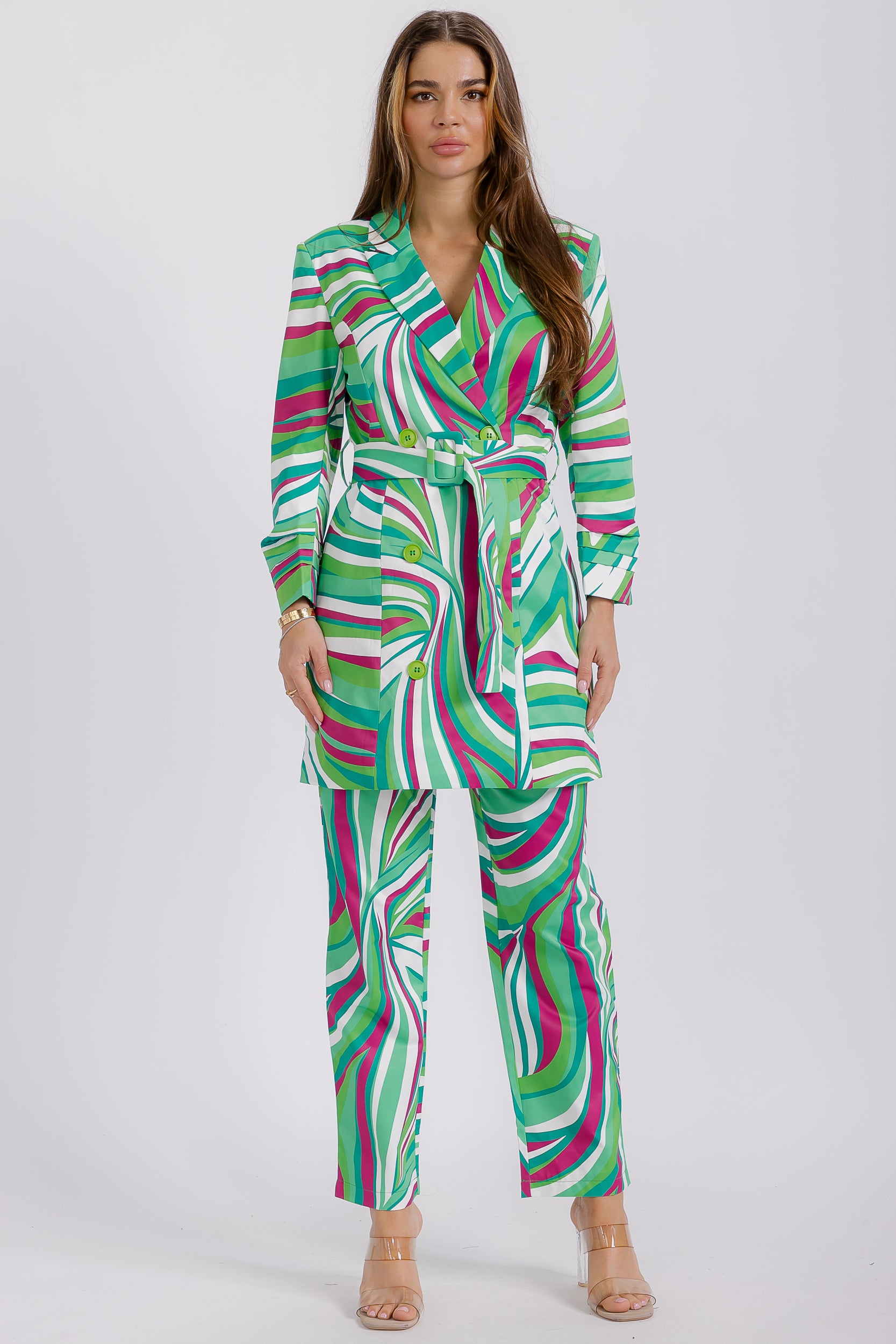 D-6019 Abstract Print Tailored Blazer & Wide Leg Trousers