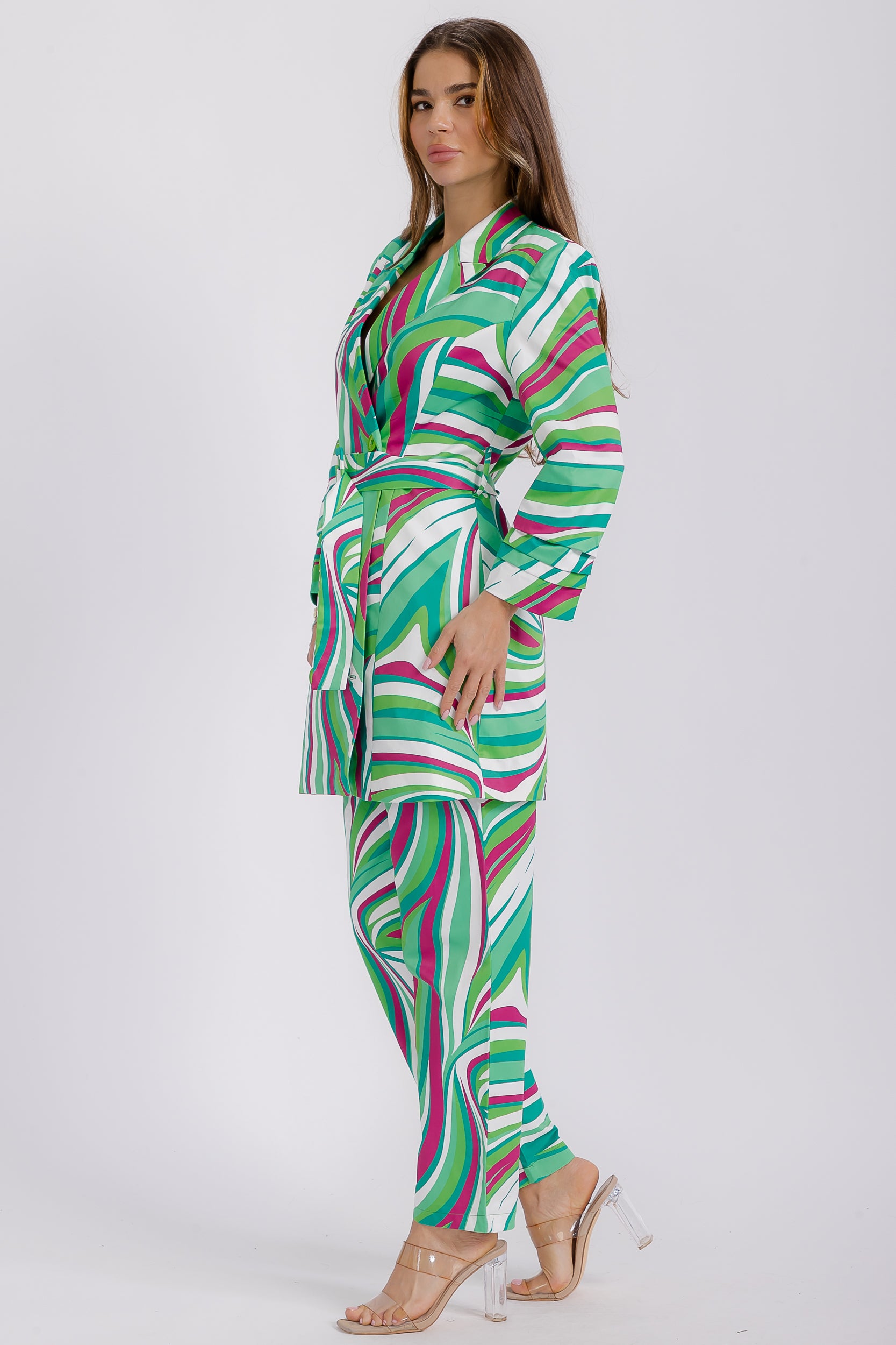 D-6019 Abstract Print Tailored Blazer & Wide Leg Trousers
