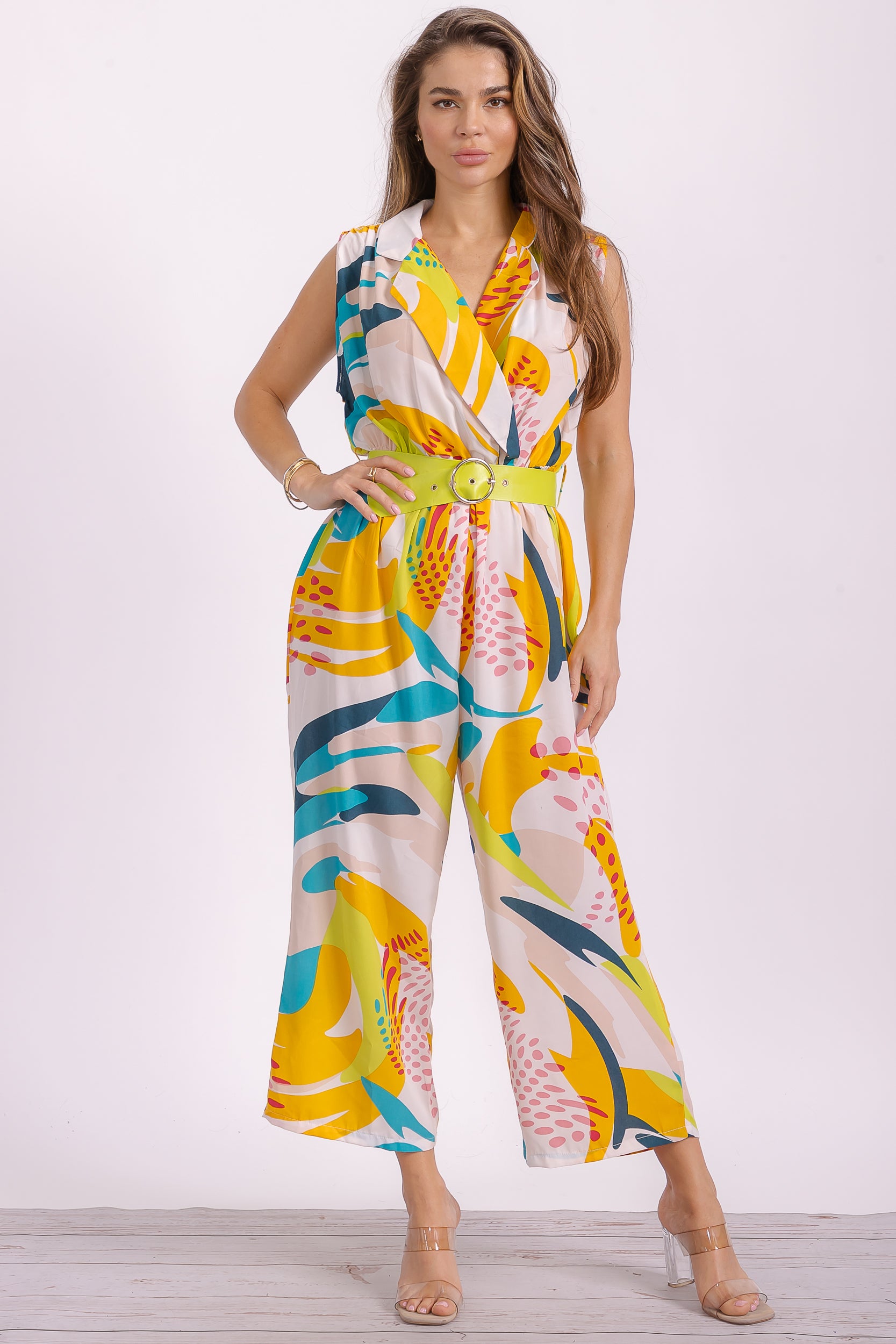 R-8002 Collared V-Neck Sleeveless Romper