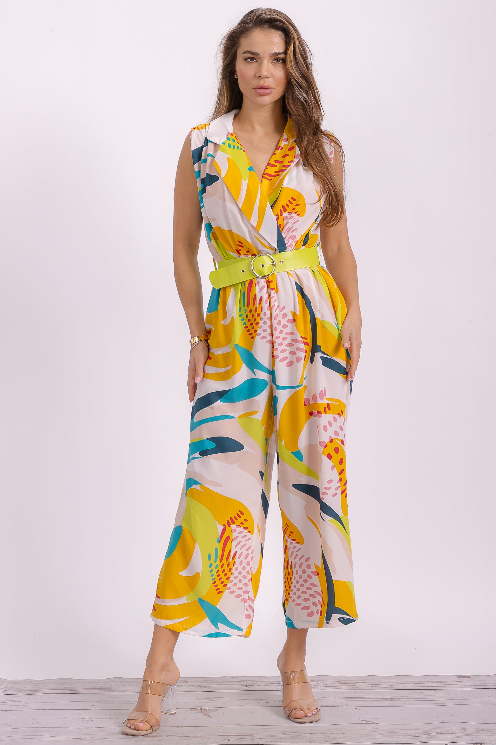 R-8002 Collared V-Neck Sleeveless Romper