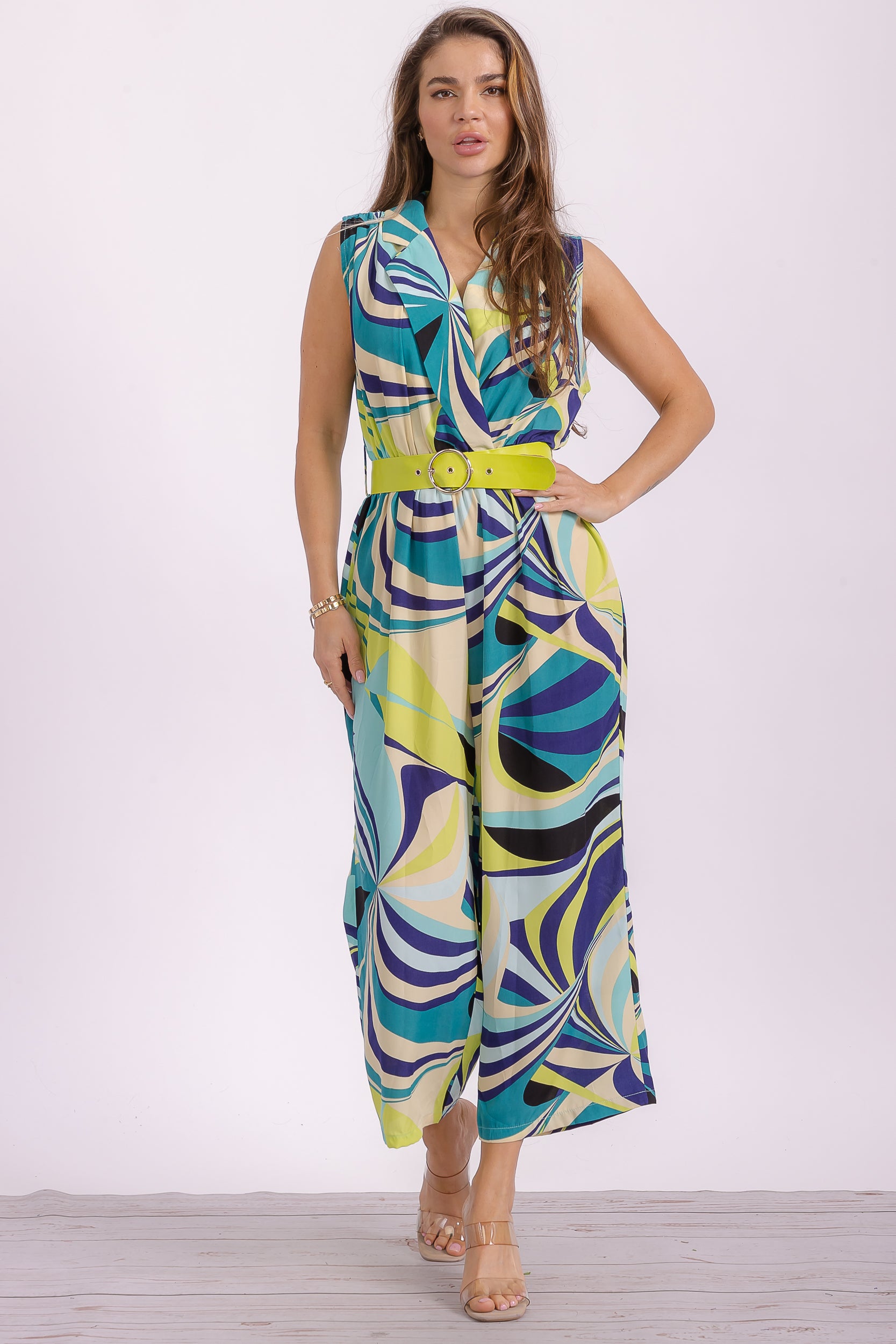R-8002 Collared V-Neck Sleeveless Romper
