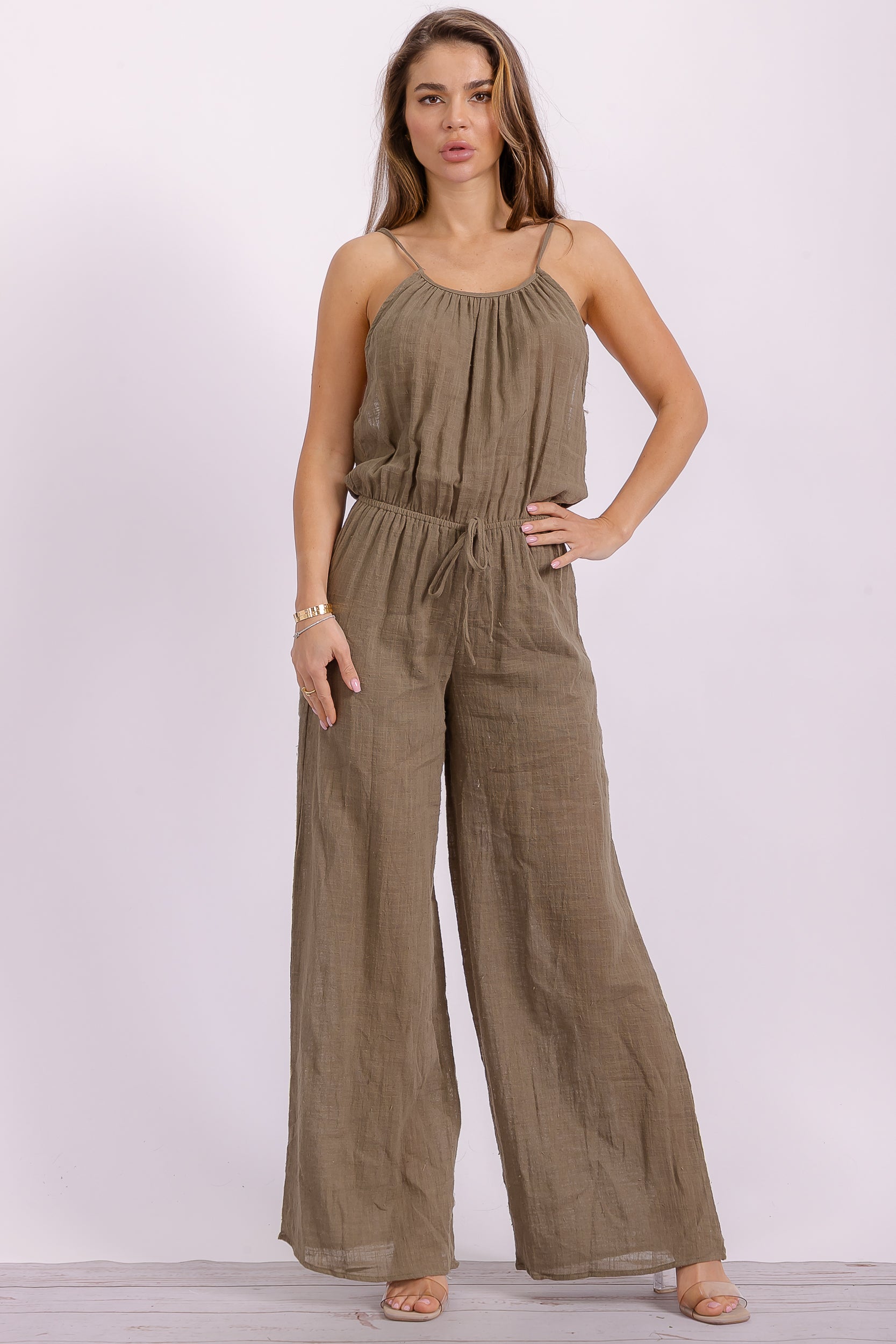 P563 Wide Leg Linen Jumpsuit