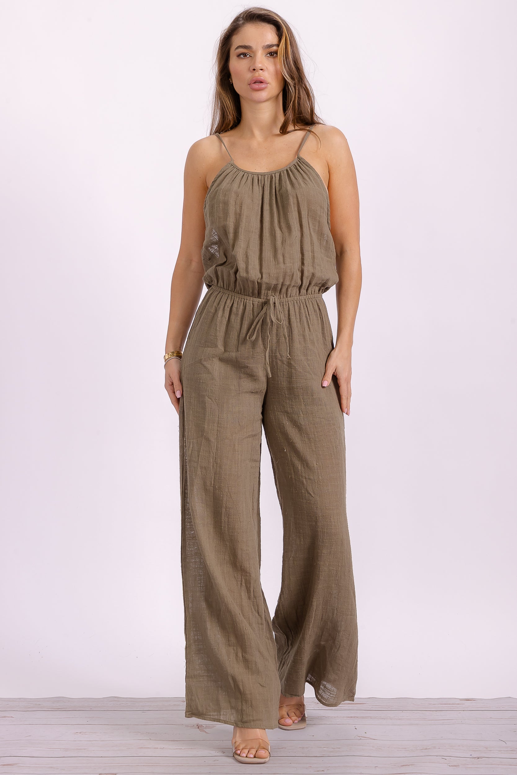 P563 Wide Leg Linen Jumpsuit
