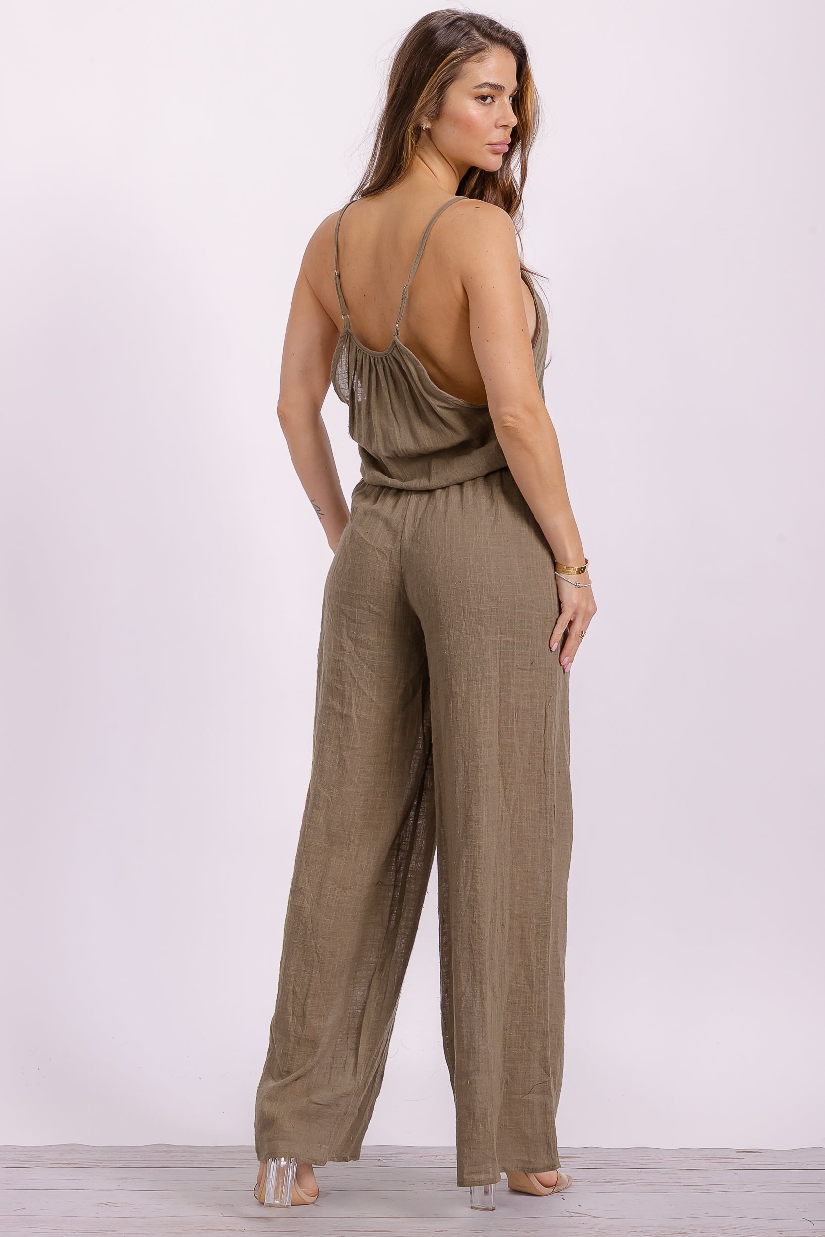 P563 Wide Leg Linen Jumpsuit