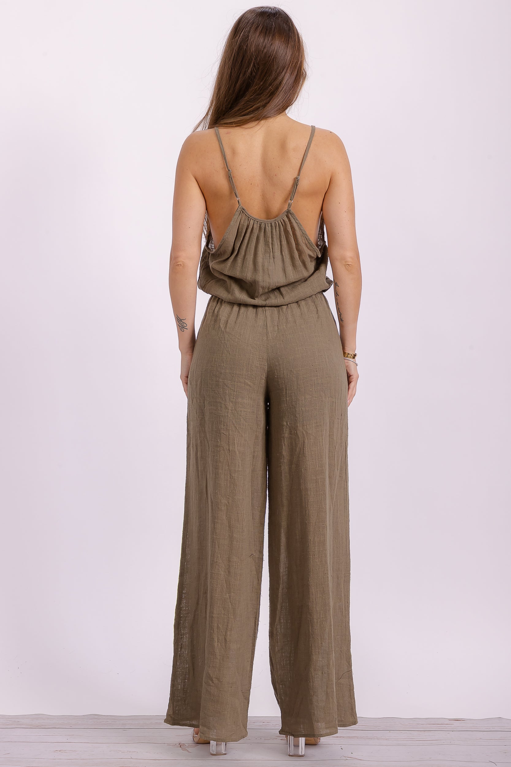 P563 Wide Leg Linen Jumpsuit