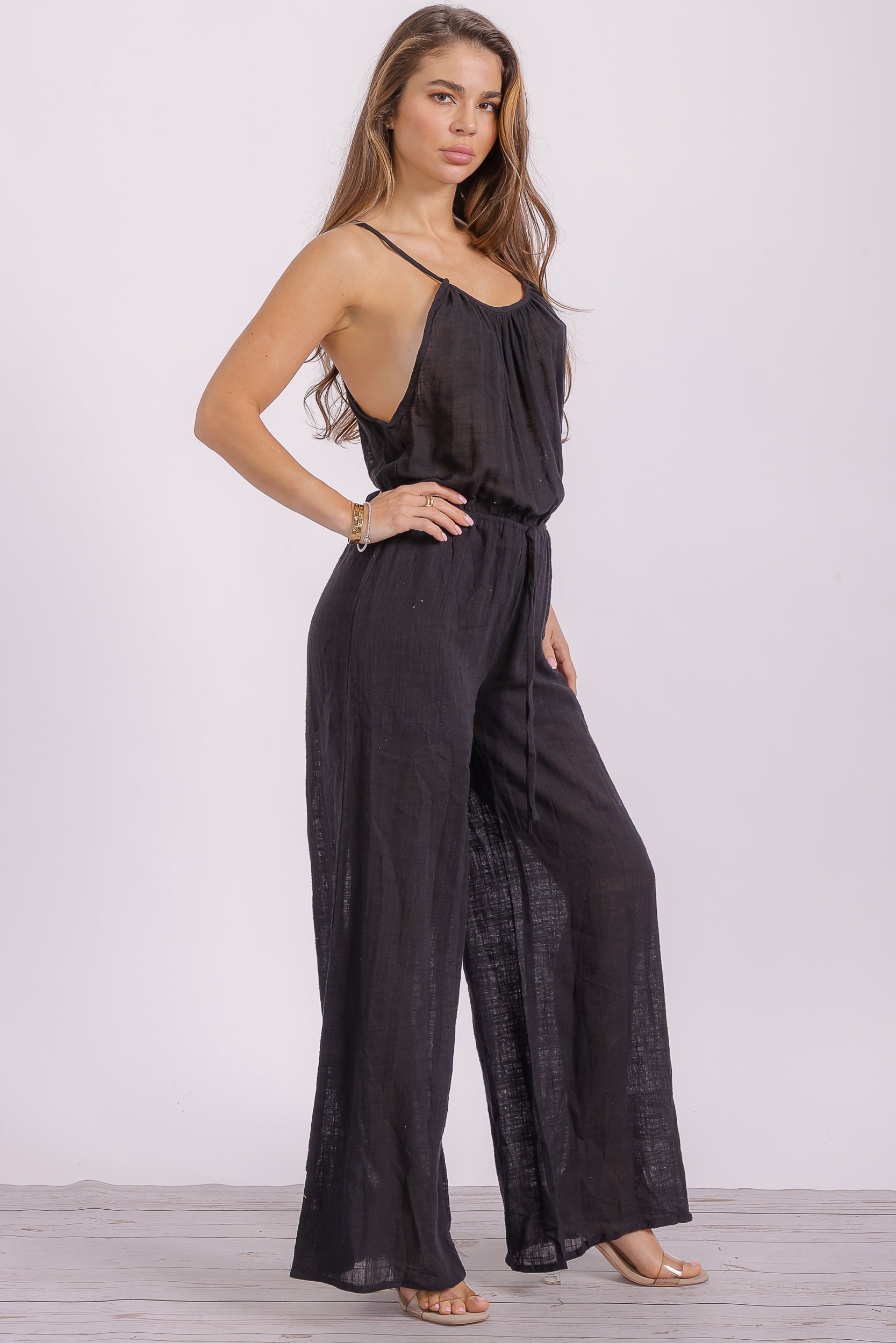 P563 Wide Leg Linen Jumpsuit