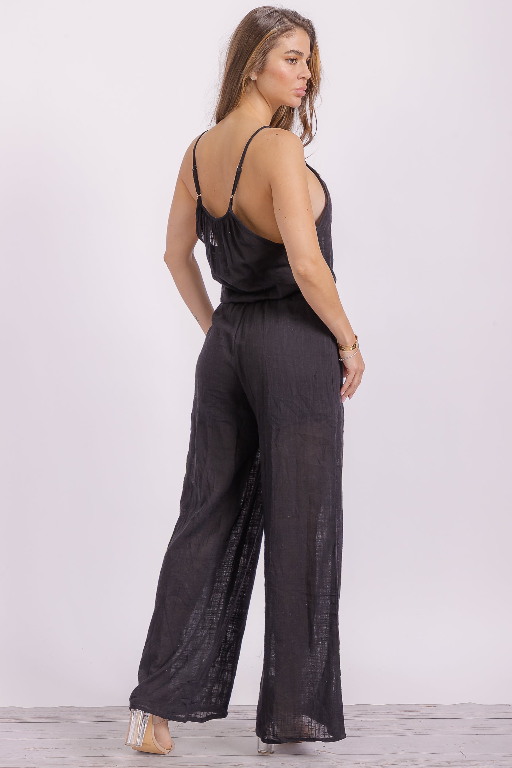 P563 Wide Leg Linen Jumpsuit