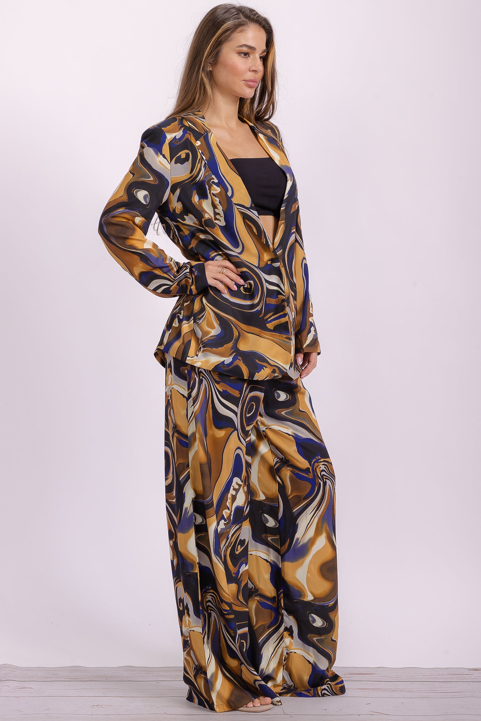 OMJ-7201 Multi Printed Two Pieces Blazer and Long Pants set