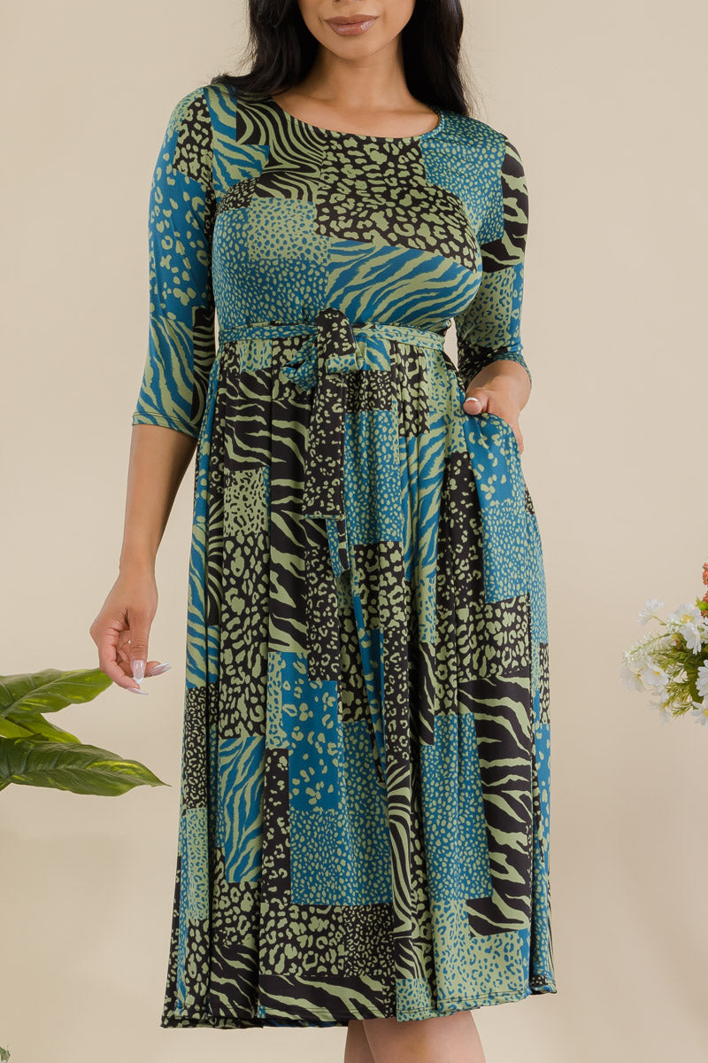 JR779R1-PATCHWORK - 3/4 Sleeve Waist Tie Dress