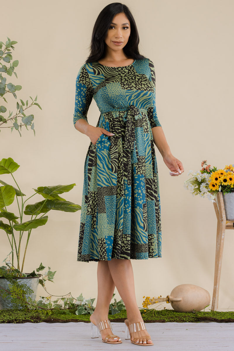 JR779R1-PATCHWORK - 3/4 Sleeve Waist Tie Dress