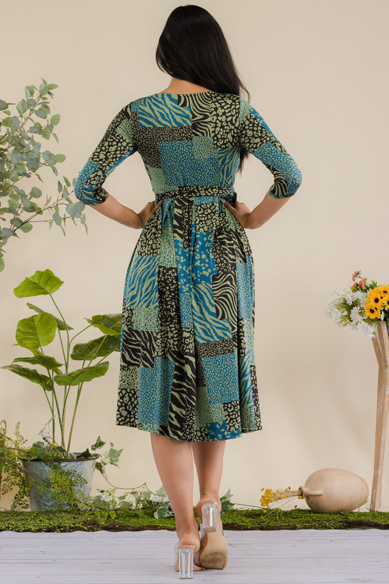 JR779R1-PATCHWORK - 3/4 Sleeve Waist Tie Dress