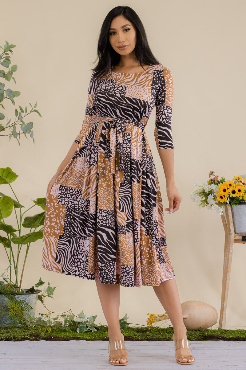 JR779R1-PATCHWORK - 3/4 Sleeve Waist Tie Dress