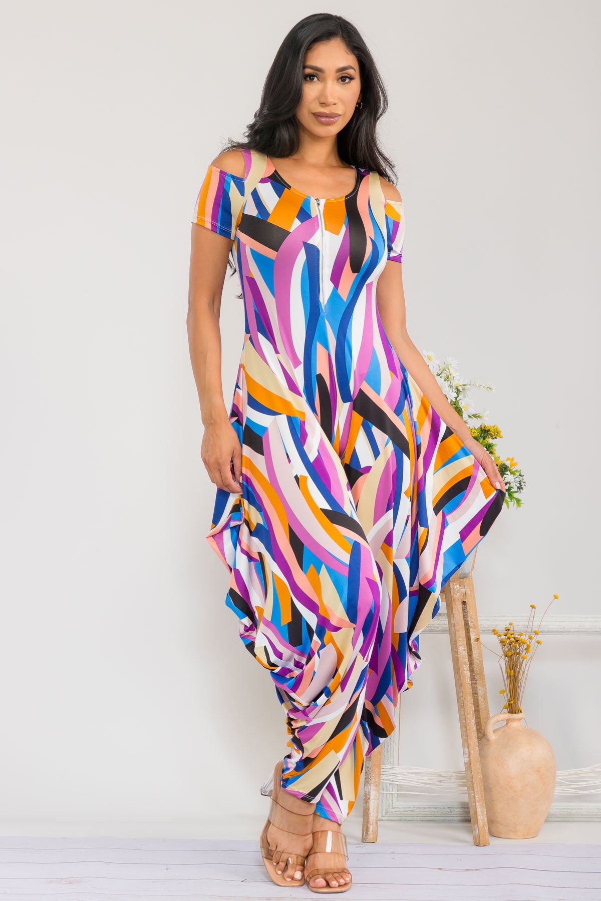 HH765X-RIBBON - Cold Shoulder Front Zipper Jumpsuit