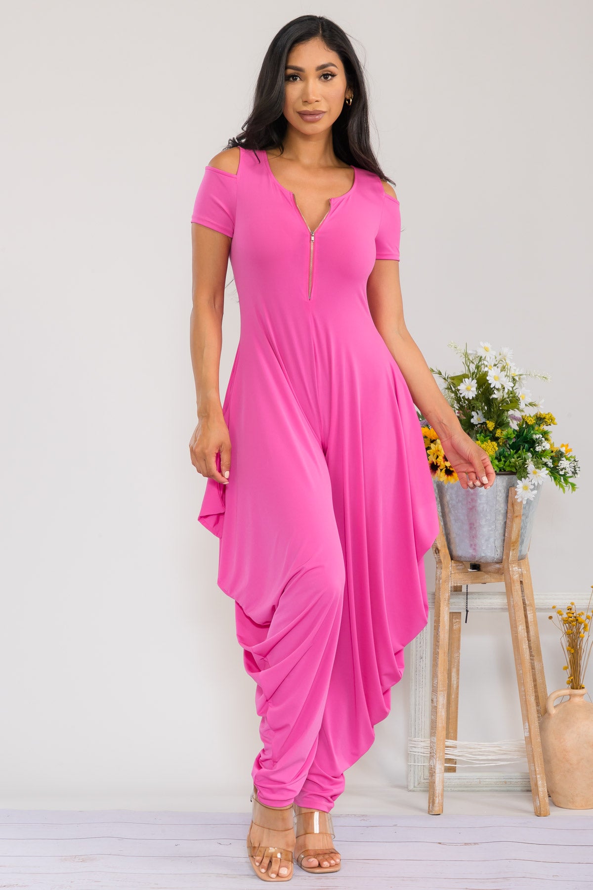 HH765R-S - COLD SHOULDER FRONT ZIPPER JUMPSUIT