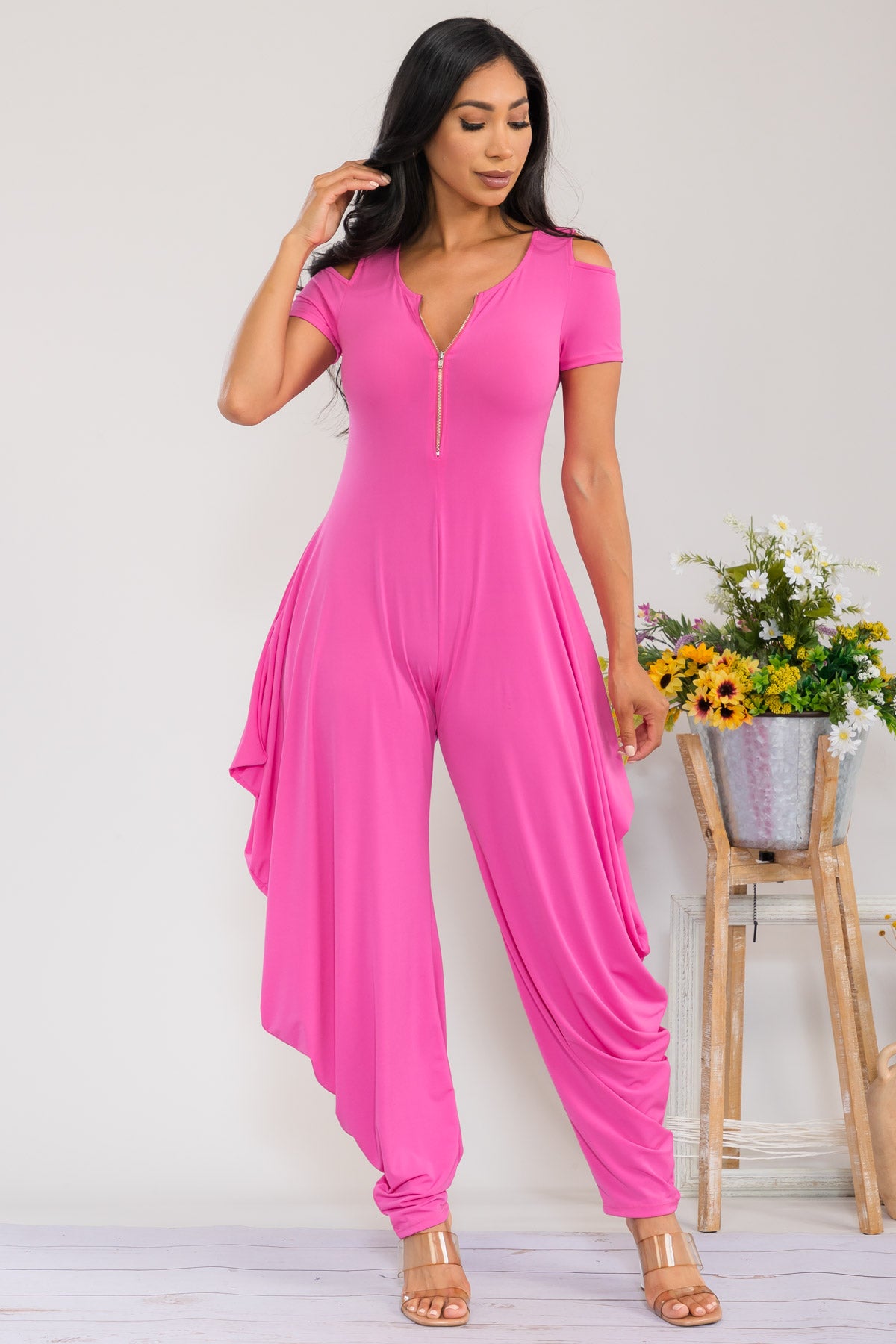 HH765R-S - COLD SHOULDER FRONT ZIPPER JUMPSUIT