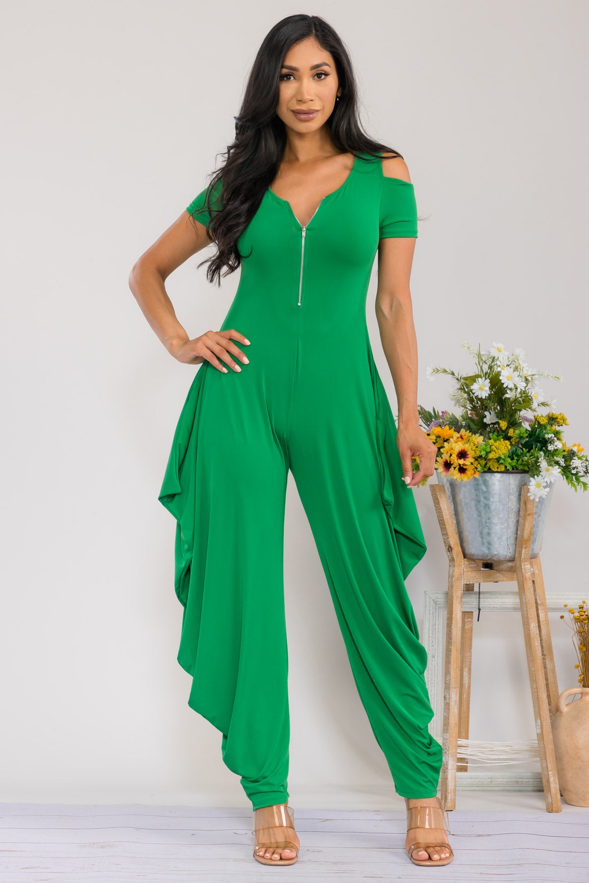 HH765R-S - COLD SHOULDER FRONT ZIPPER JUMPSUIT