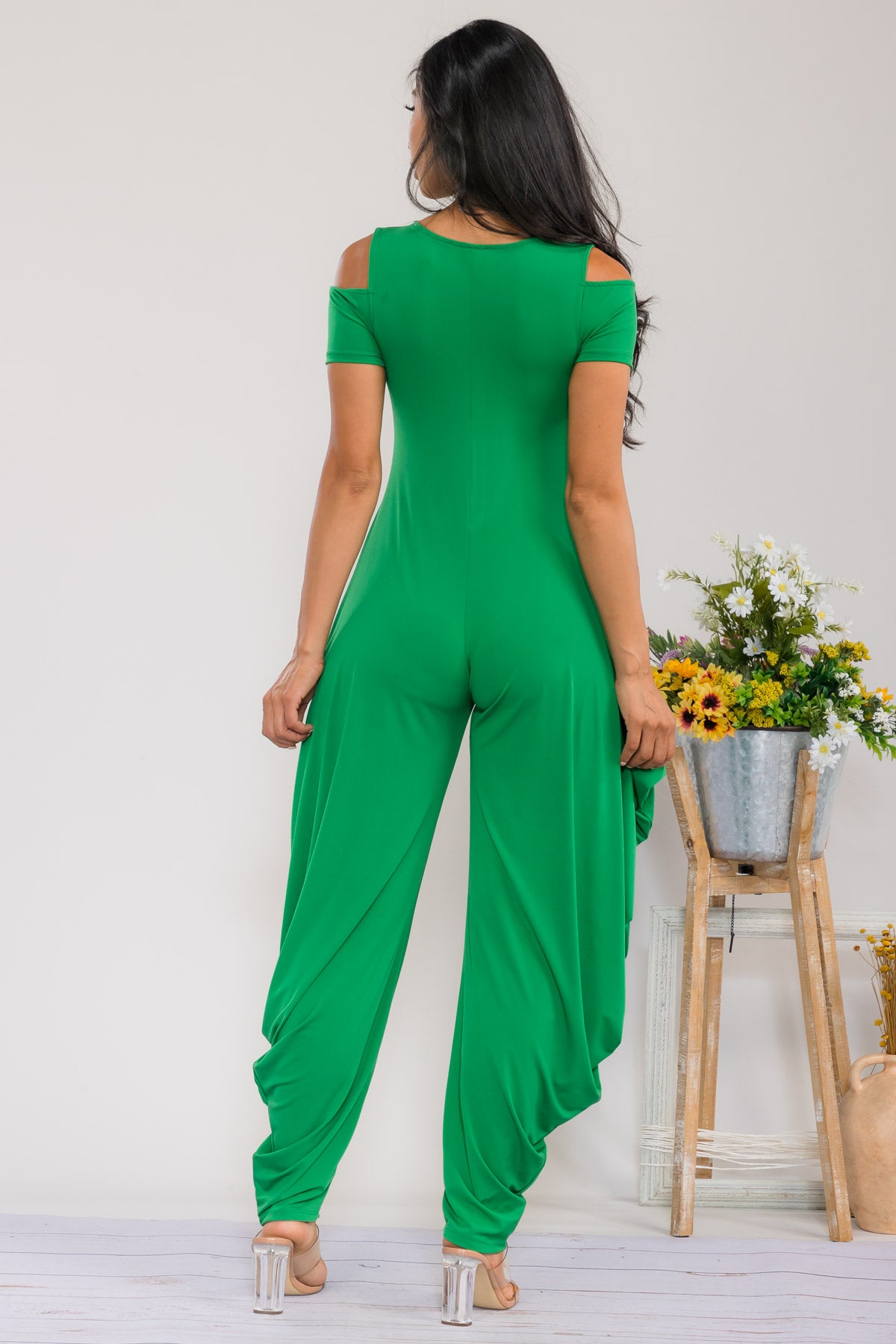 HH765R-S - COLD SHOULDER FRONT ZIPPER JUMPSUIT