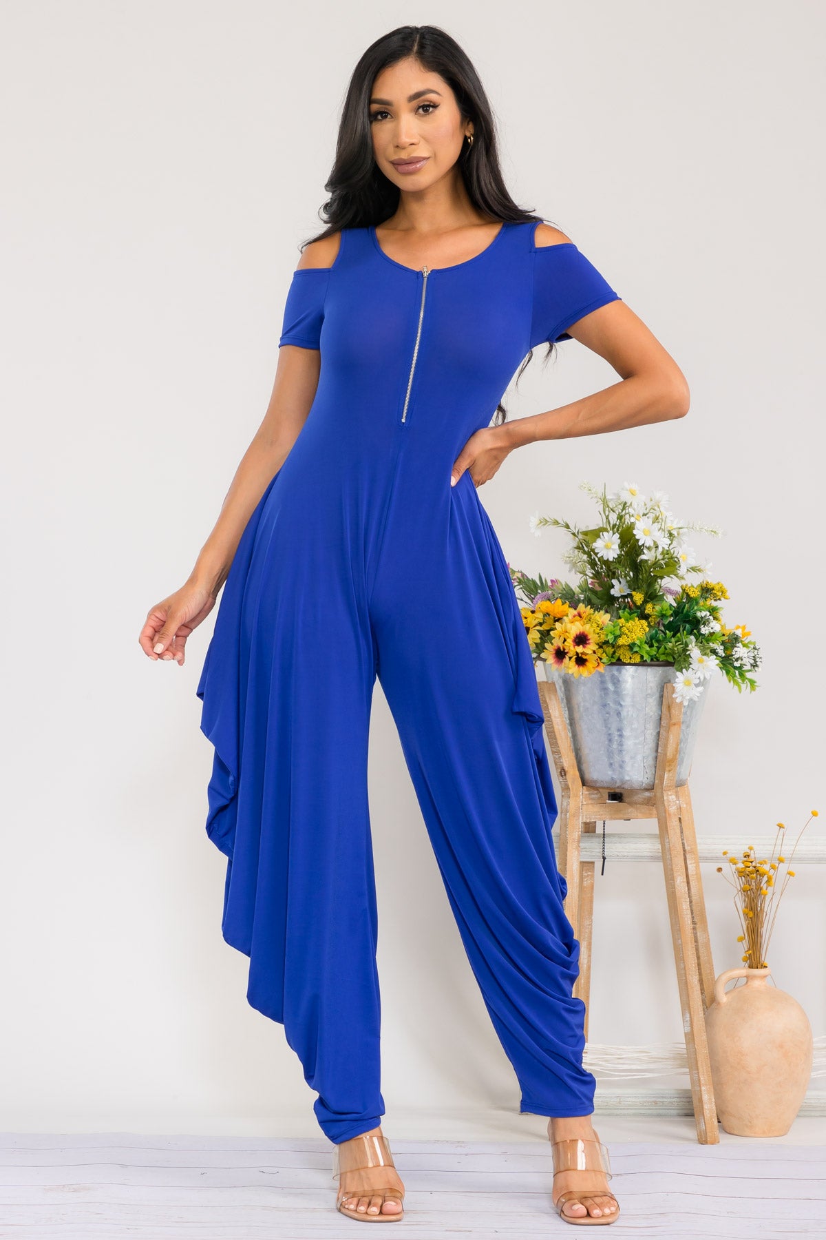 HH765R-S - COLD SHOULDER FRONT ZIPPER JUMPSUIT