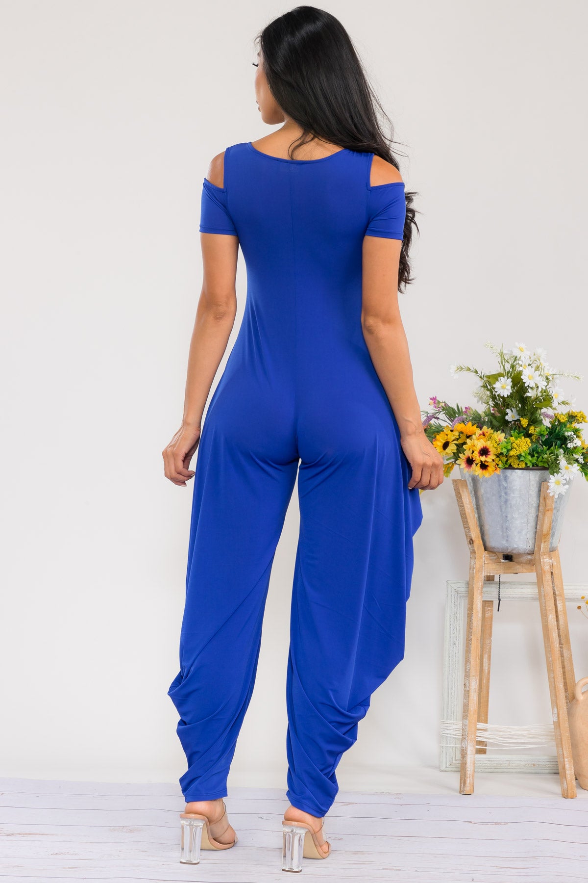HH765R-S - COLD SHOULDER FRONT ZIPPER JUMPSUIT