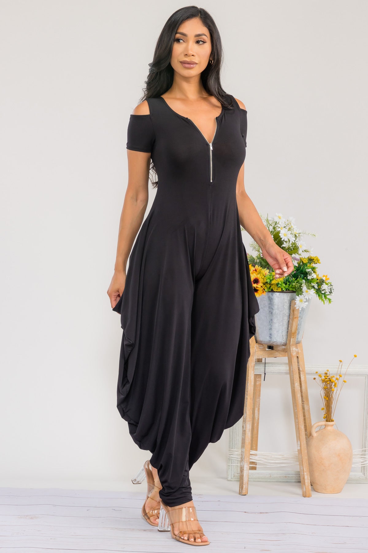 HH765R-S - COLD SHOULDER FRONT ZIPPER JUMPSUIT