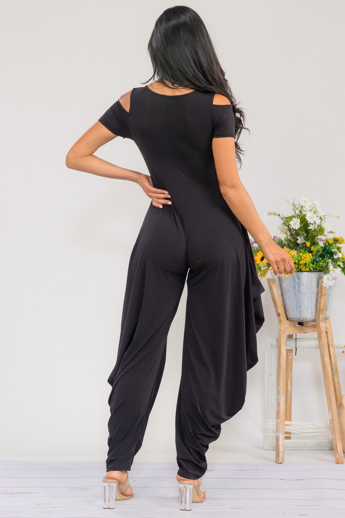 HH765R-S - COLD SHOULDER FRONT ZIPPER JUMPSUIT
