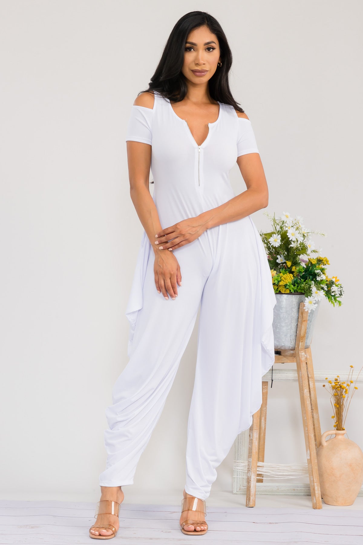 HH765R-S - COLD SHOULDER FRONT ZIPPER JUMPSUIT