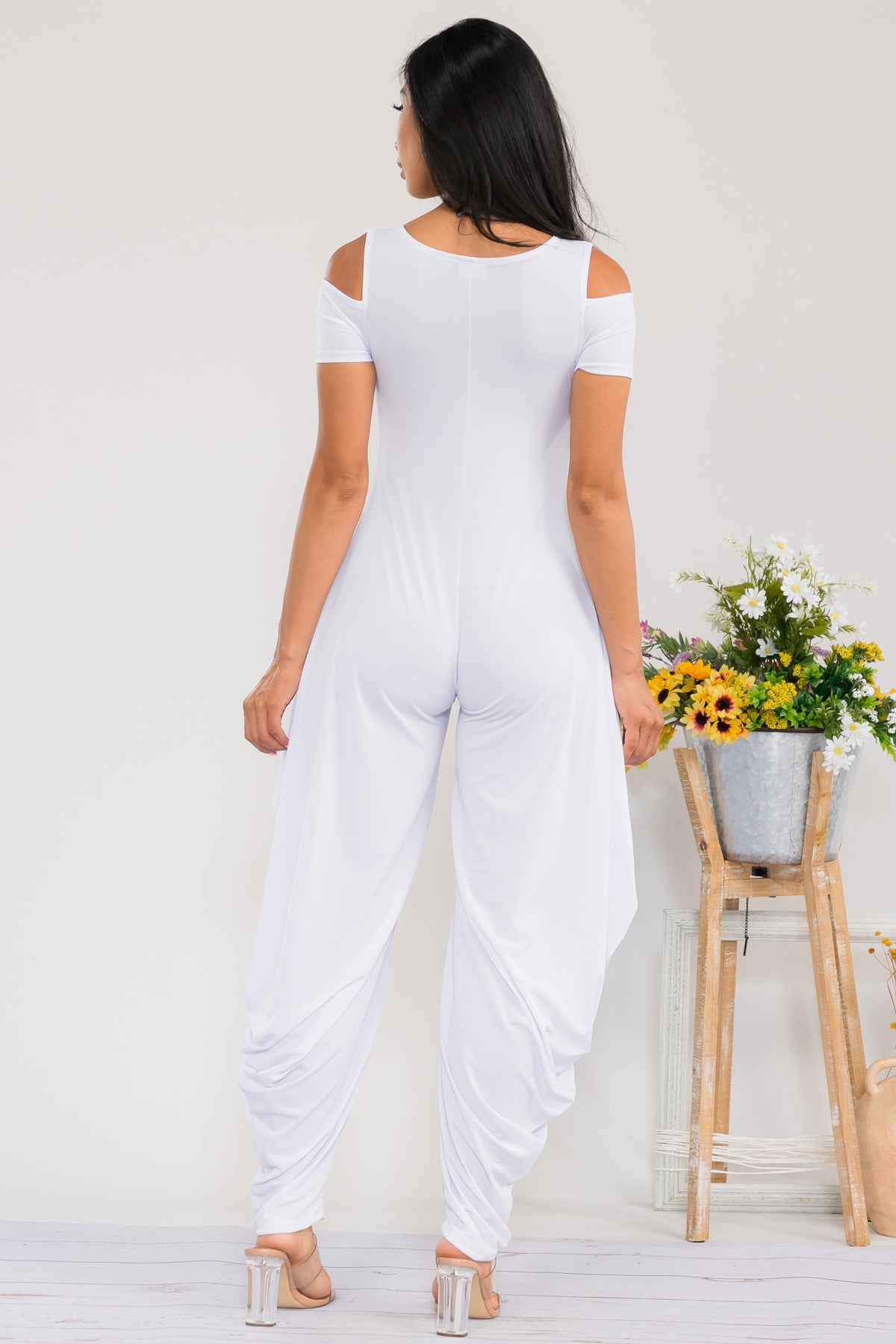 HH765R-S - COLD SHOULDER FRONT ZIPPER JUMPSUIT