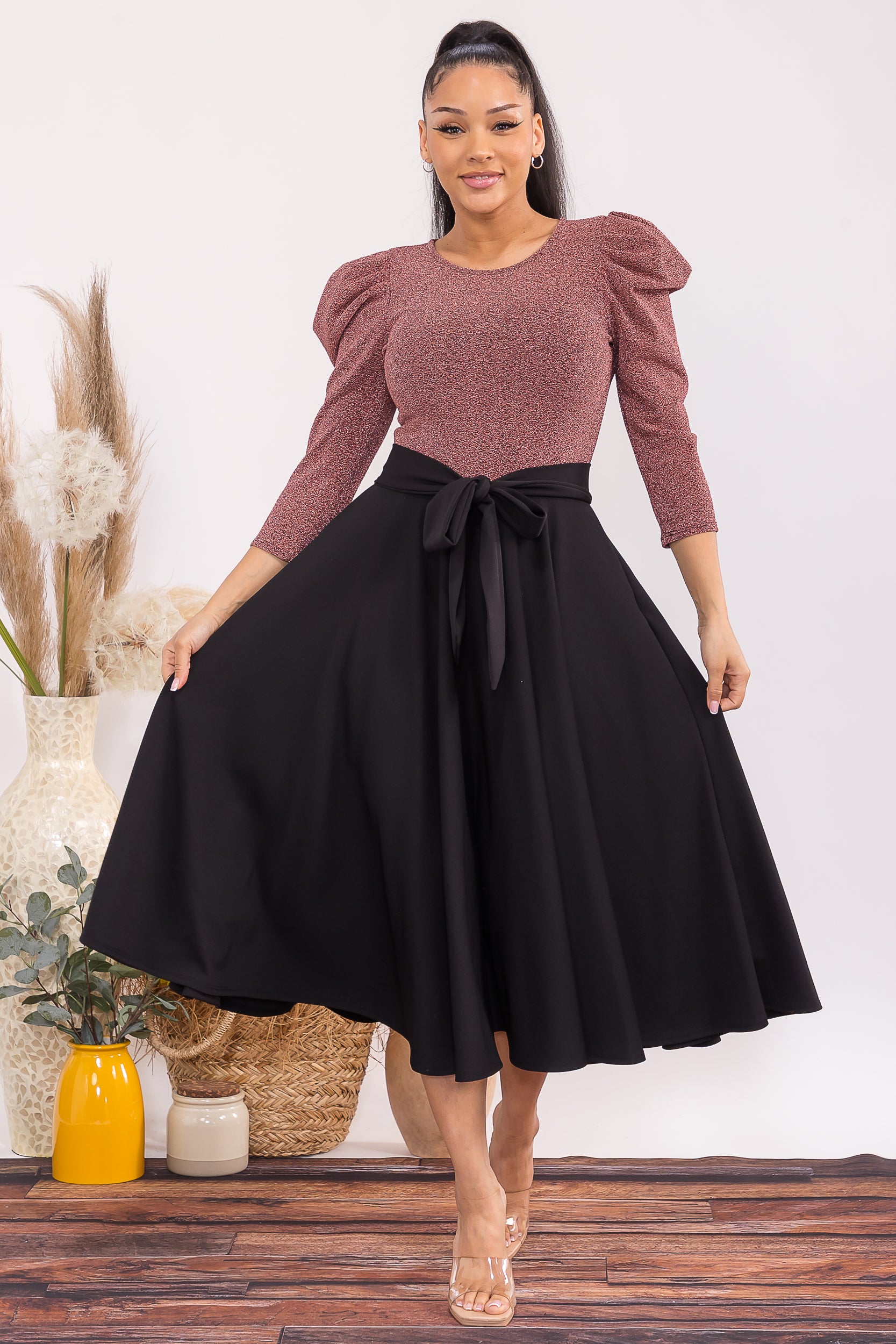 HH698C-P 3/4 SLEEVE MAXI DRESS