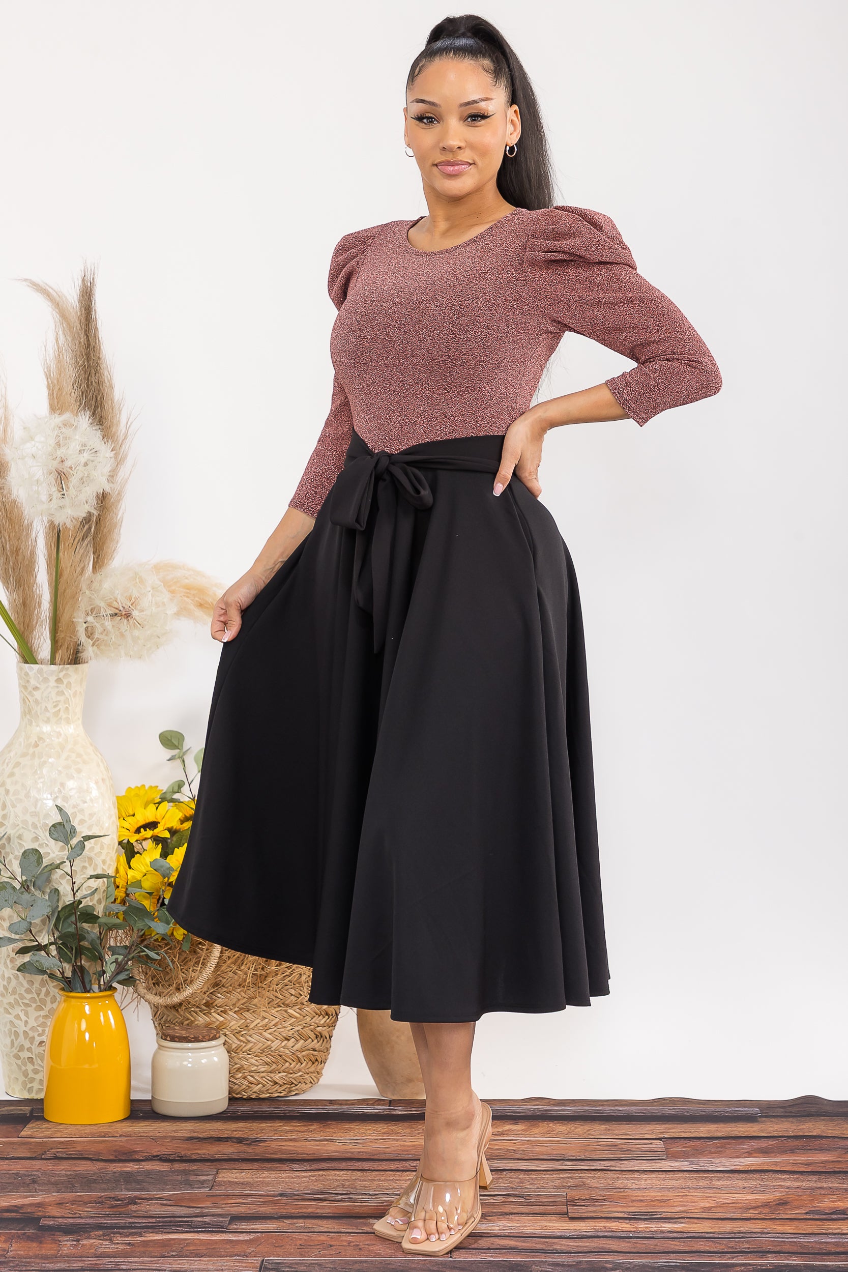 HH698C-P 3/4 SLEEVE MAXI DRESS