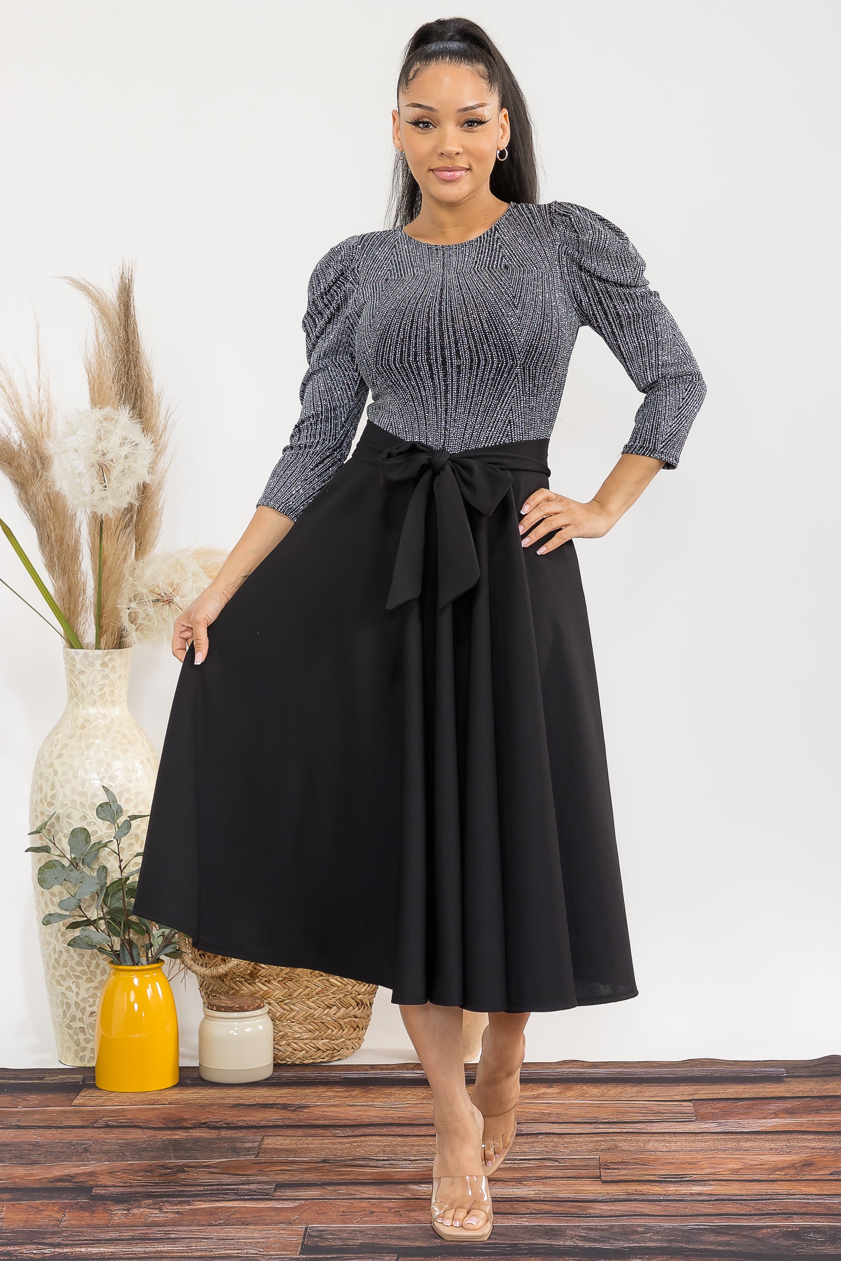 HH698C1-P 3/4 SLEEVE MAXI DRESS