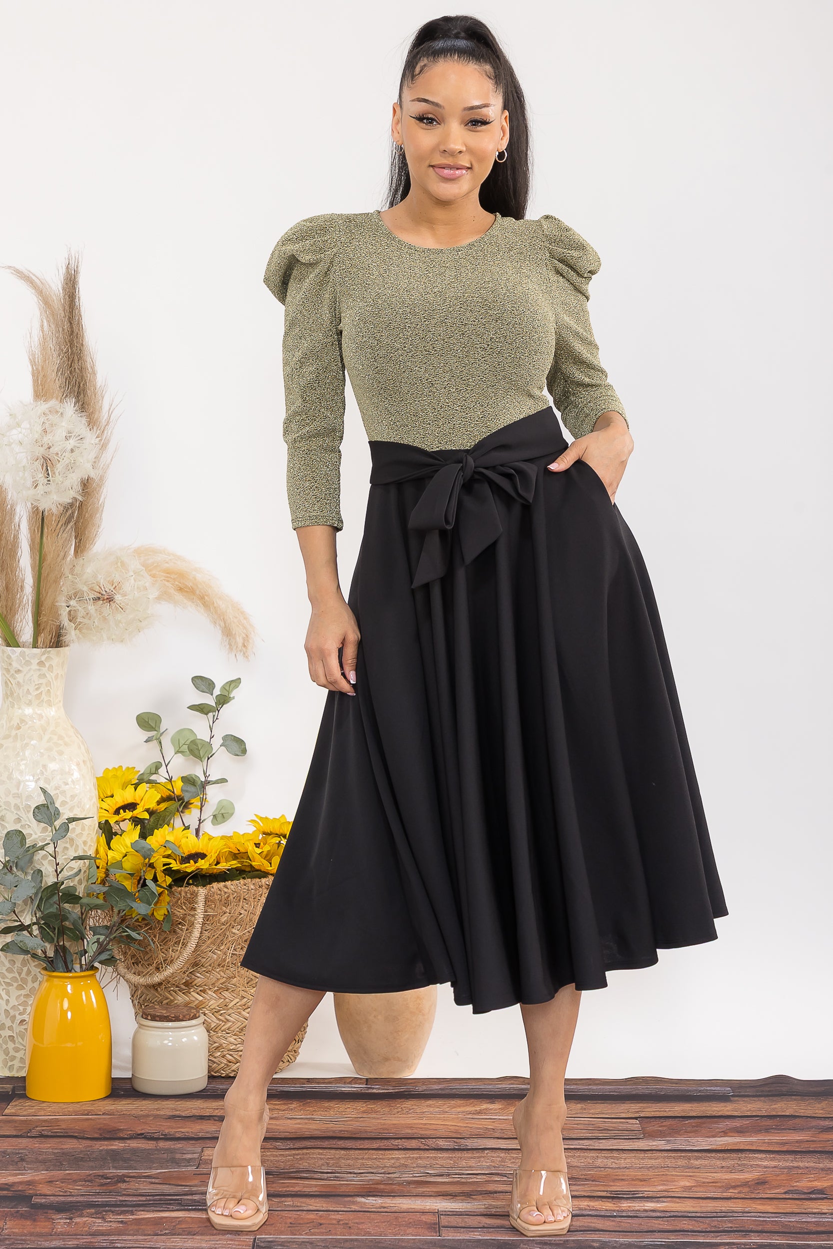 HH698C-P 3/4 SLEEVE MAXI DRESS