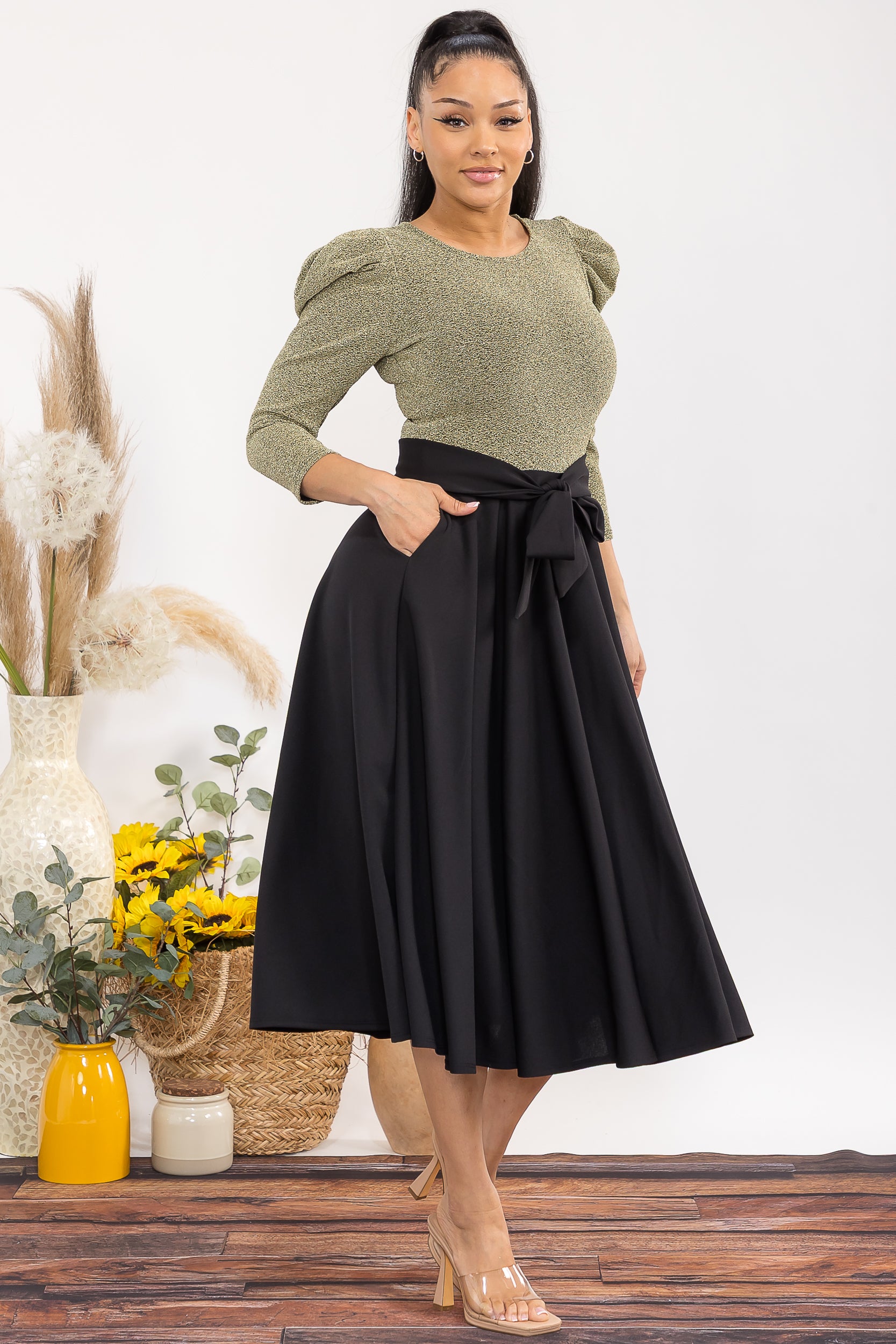 HH698C-P 3/4 SLEEVE MAXI DRESS