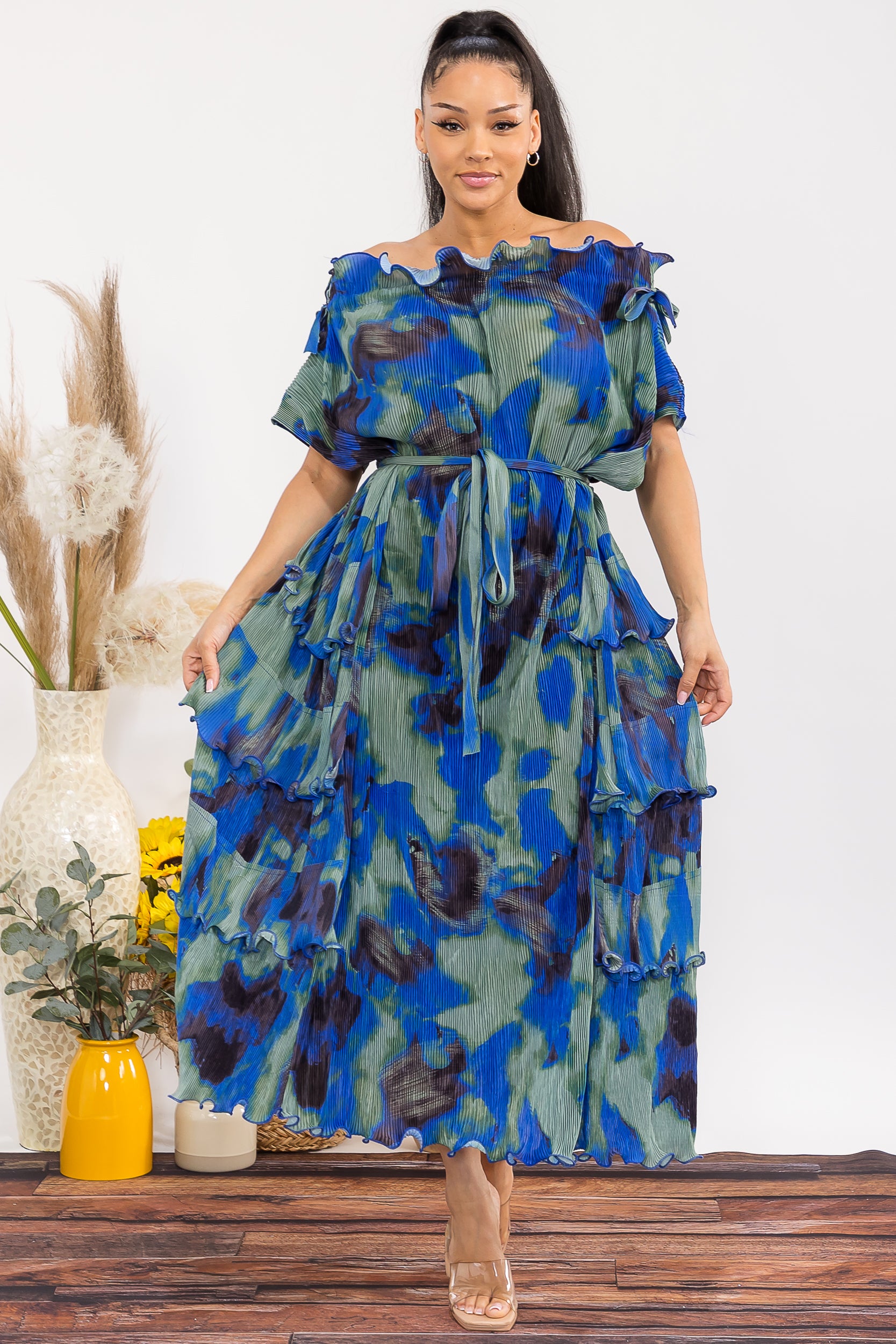 25327-X Plus Size Pleated Tiered Ruffle Maxi Dress