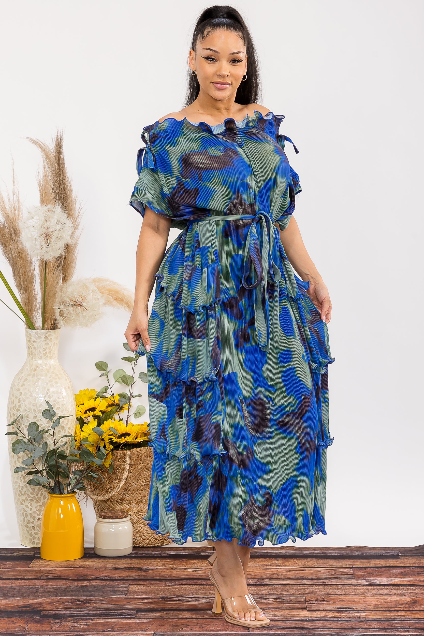 25327 Pleated Tiered Ruffle Maxi Dress