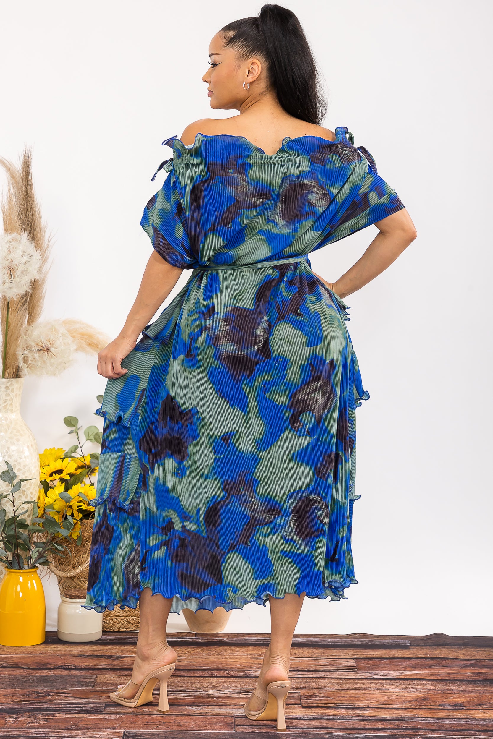 25327 Pleated Tiered Ruffle Maxi Dress