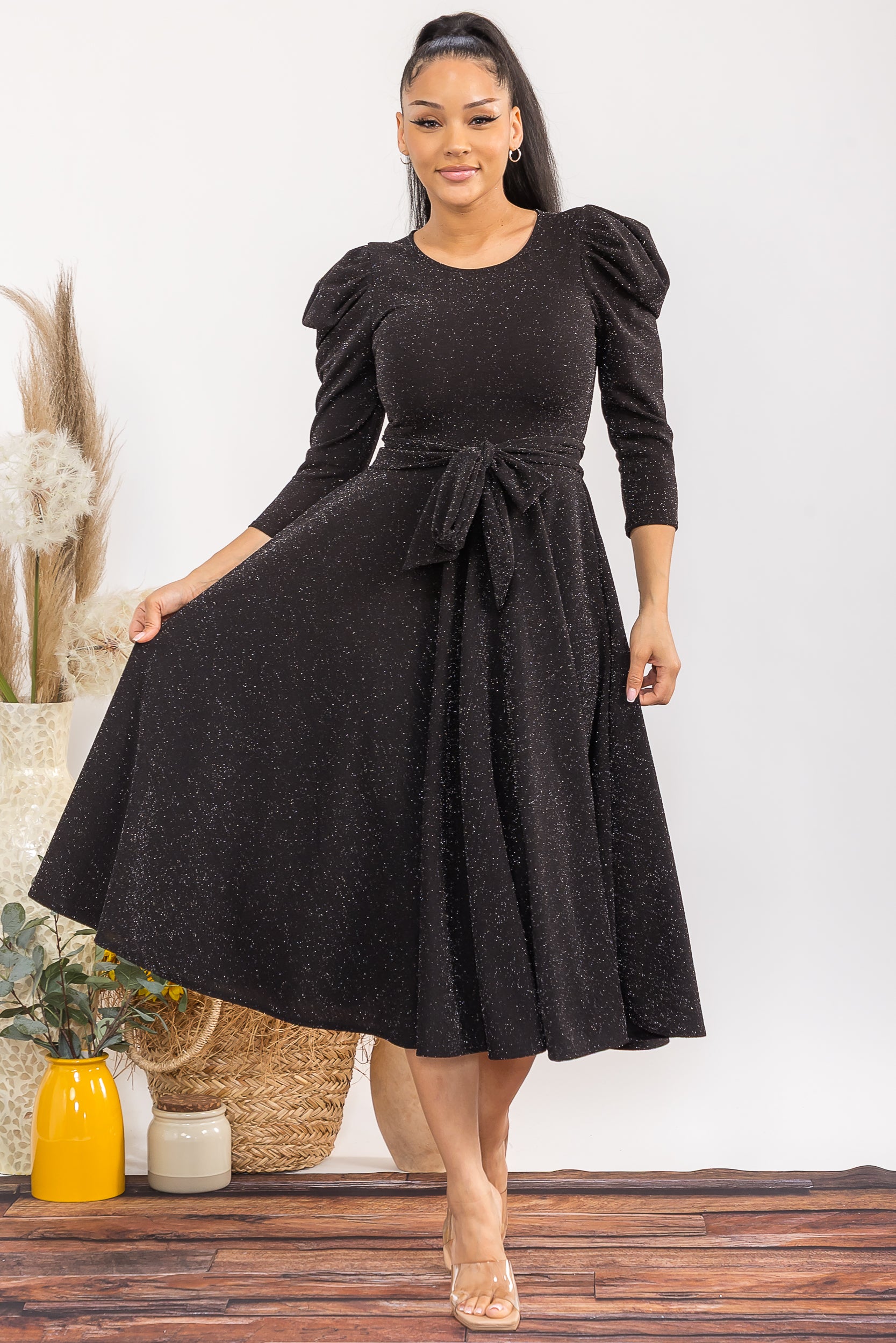 HH698C-S-R 3/4 SLEEVE MAXI DRESS