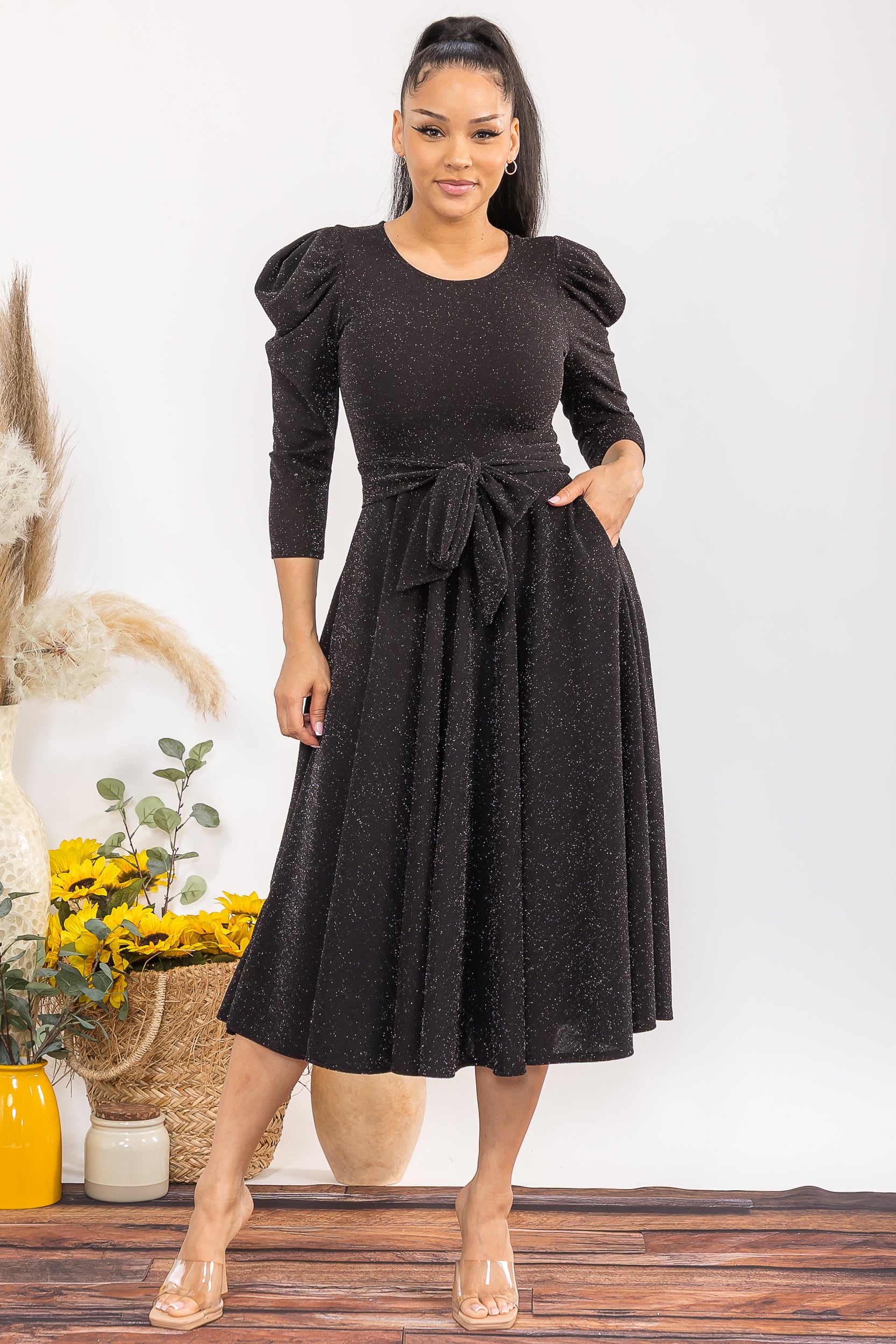 HH698C-S-R 3/4 SLEEVE MAXI DRESS
