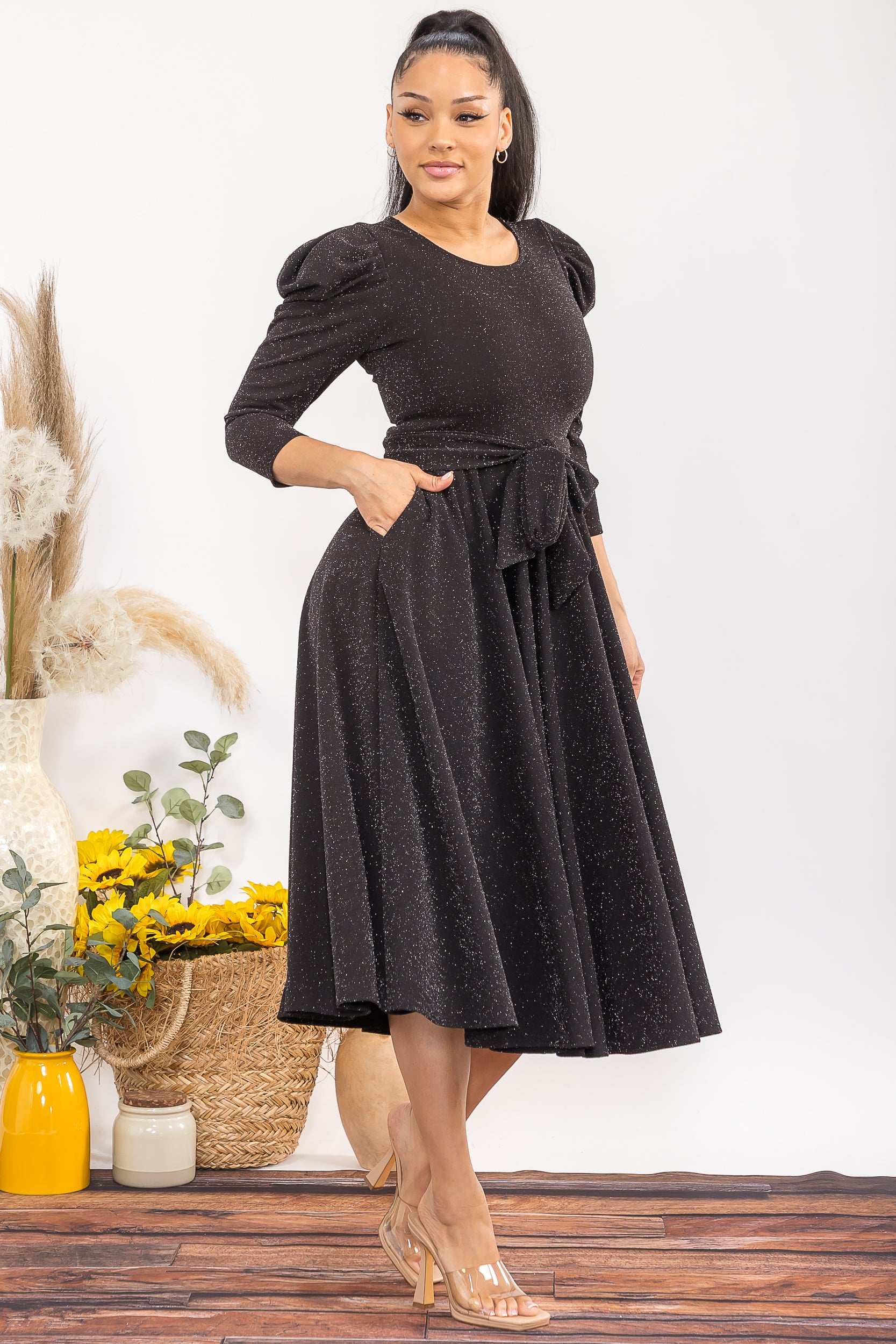 HH698C-S-R 3/4 SLEEVE MAXI DRESS