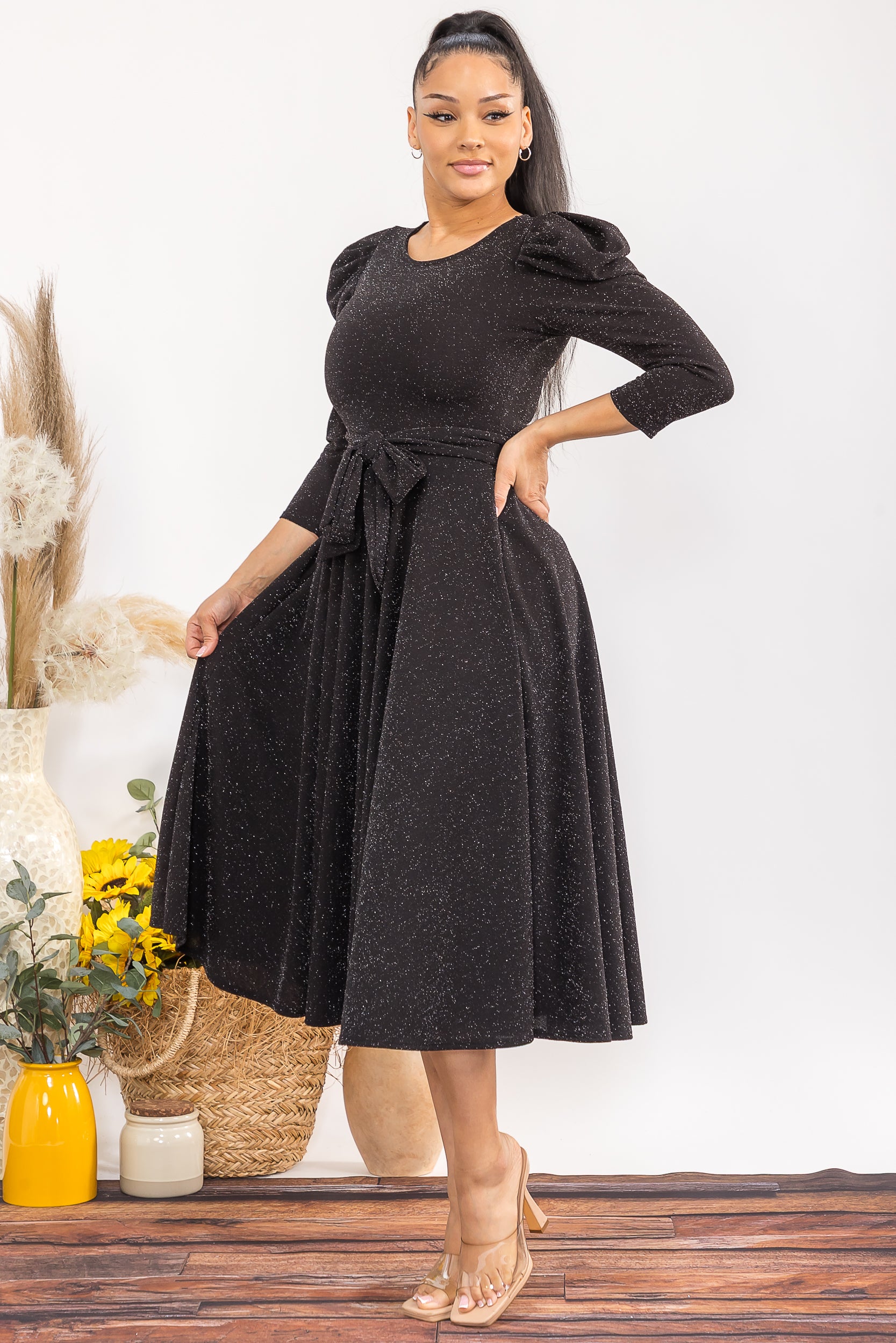 HH698C-S-R 3/4 SLEEVE MAXI DRESS