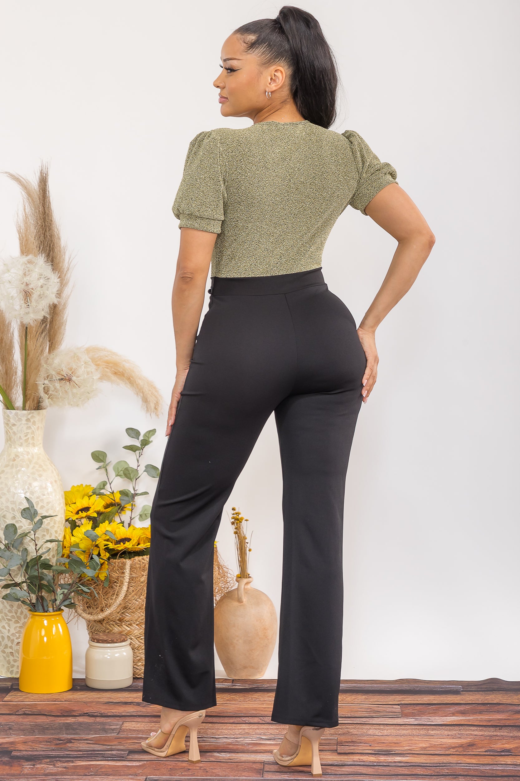 HH739-C Elegant Deep-V Puff Sleeve Wide-Leg Jumpsuit