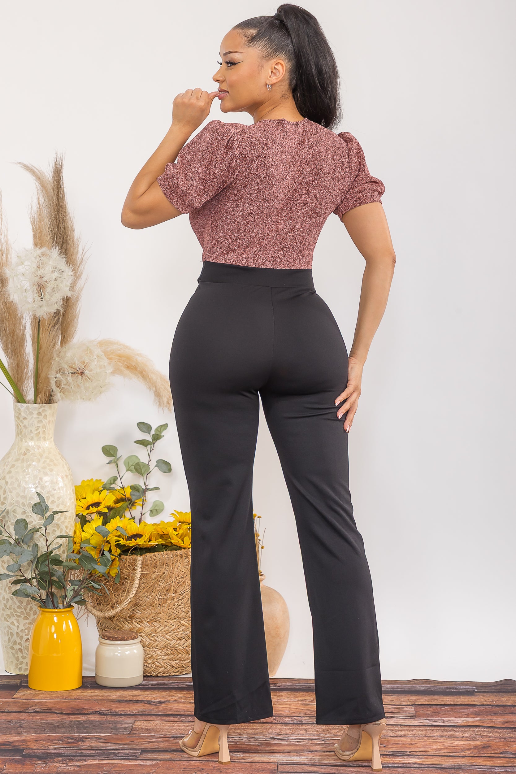 HH739-C Elegant Deep-V Puff Sleeve Wide-Leg Jumpsuit