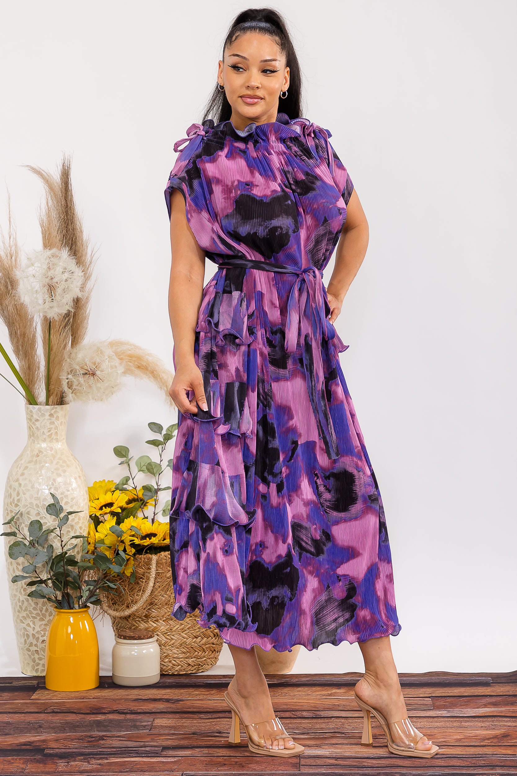 25327 Pleated Tiered Ruffle Maxi Dress