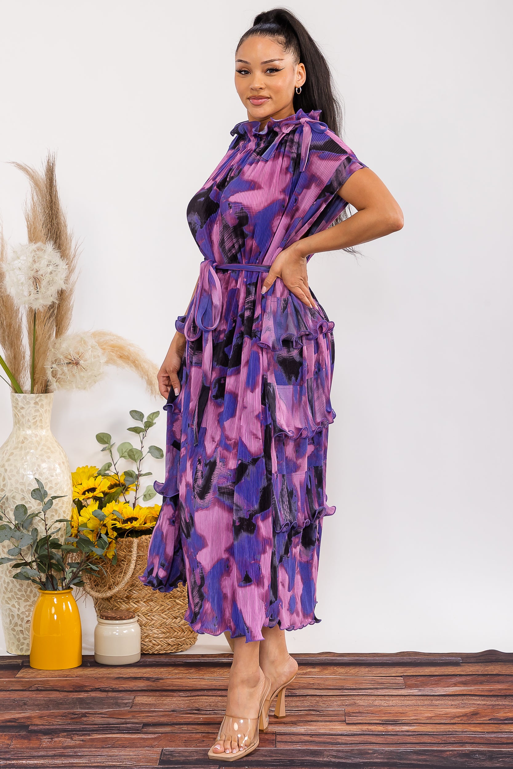 25327-X Plus Size Pleated Tiered Ruffle Maxi Dress